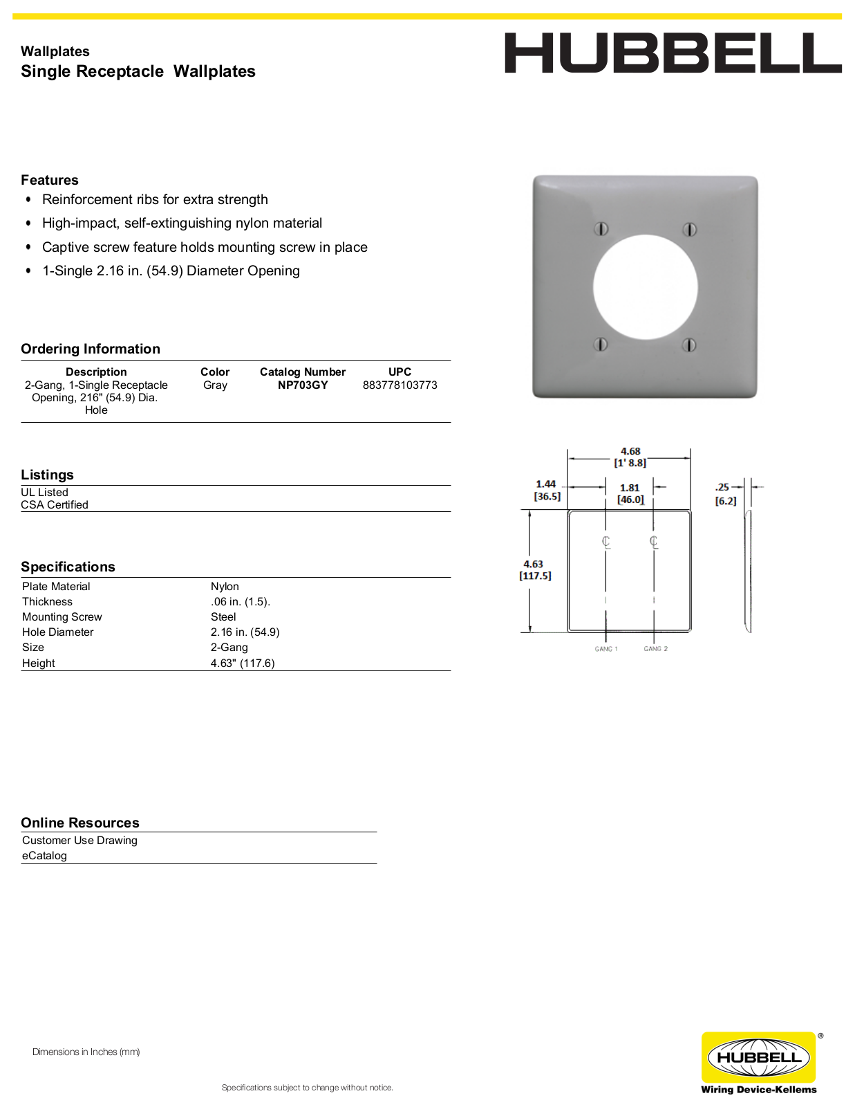 Hubbell NP703GY Specifications