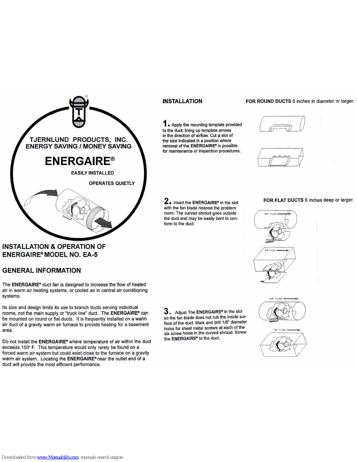 TJERNLUND EA5 DUCT BOOSTER FAN 8504029, Energaire EA-5 User Manual