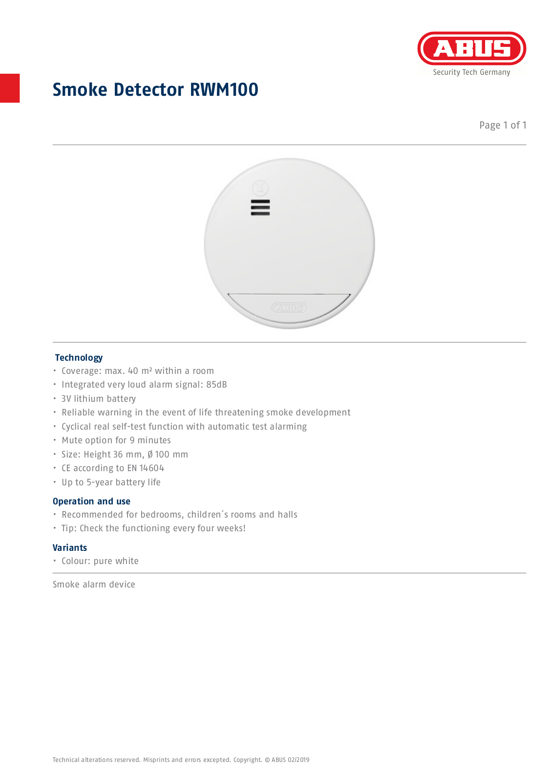 ABUS Smoke Detector RWM100 Service Manual