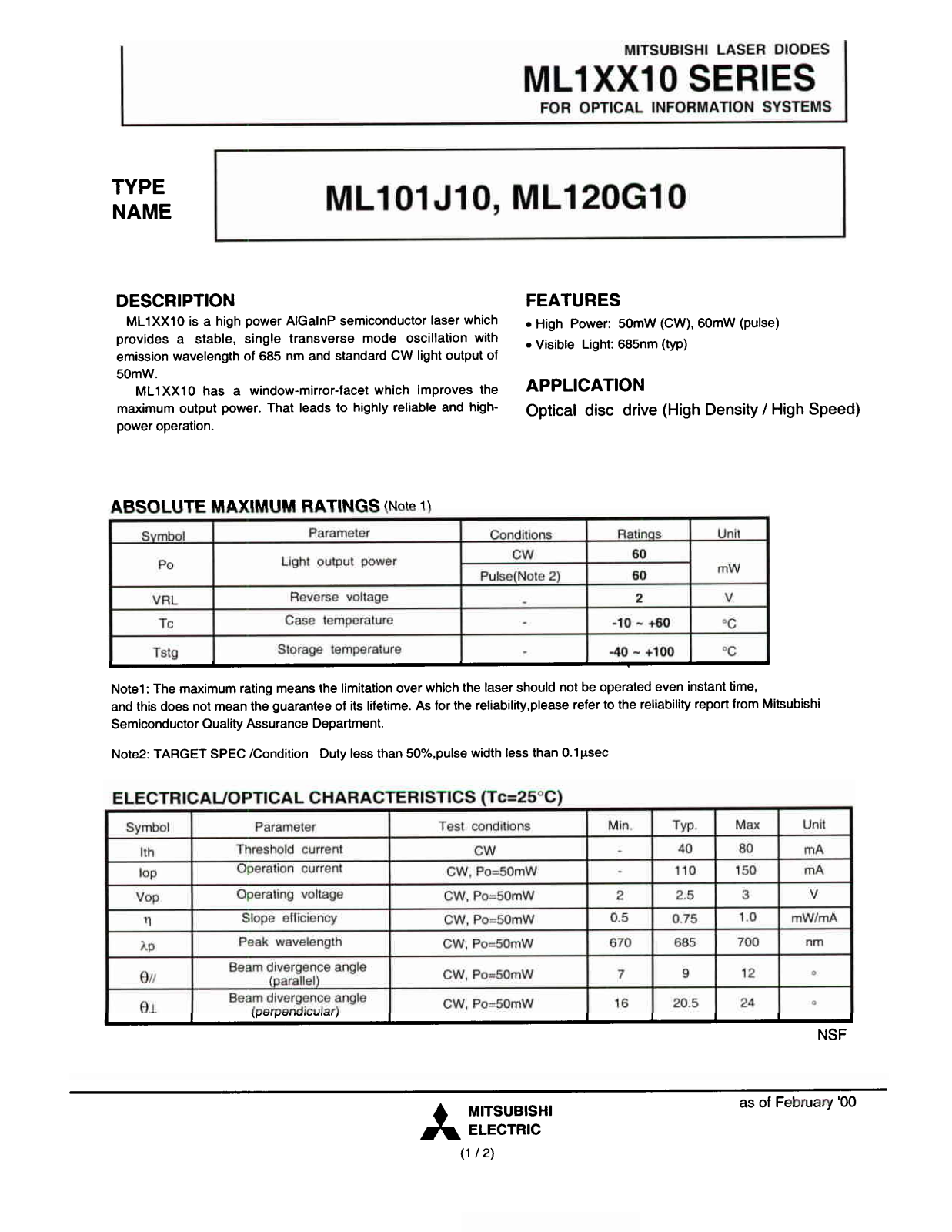 Mitsubishi ML120G10, ML101J10 Datasheet