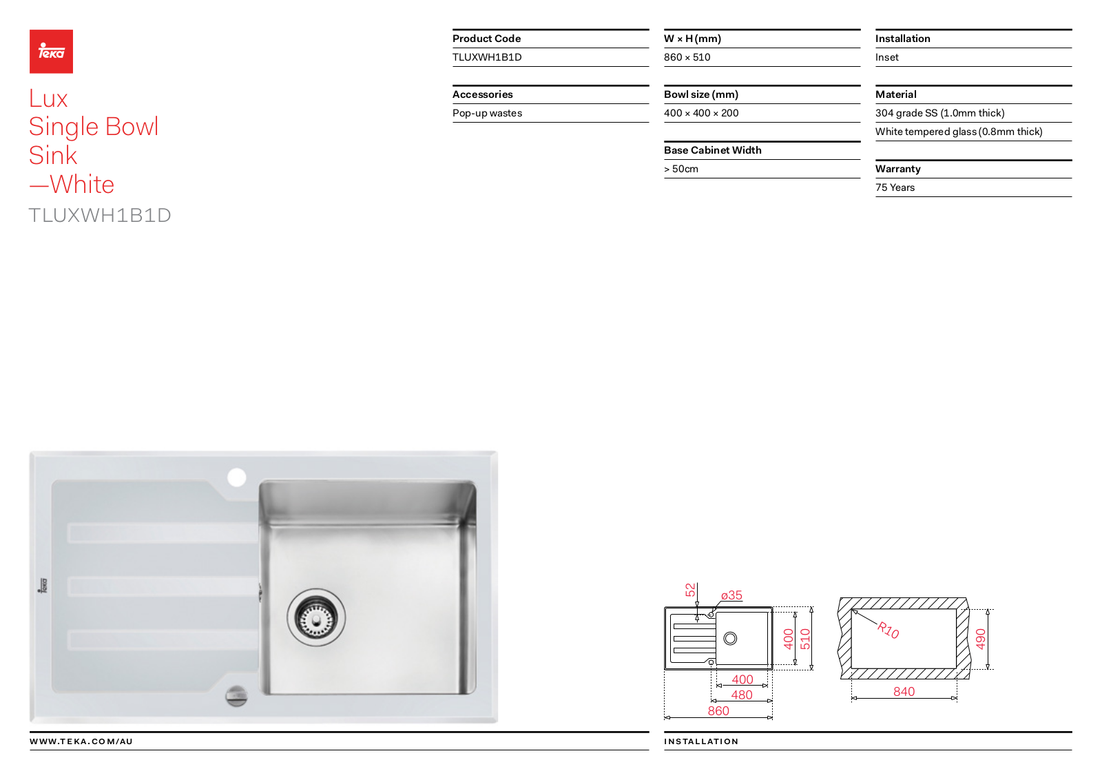 Teka TLUXWH1B1D Specifications Sheet