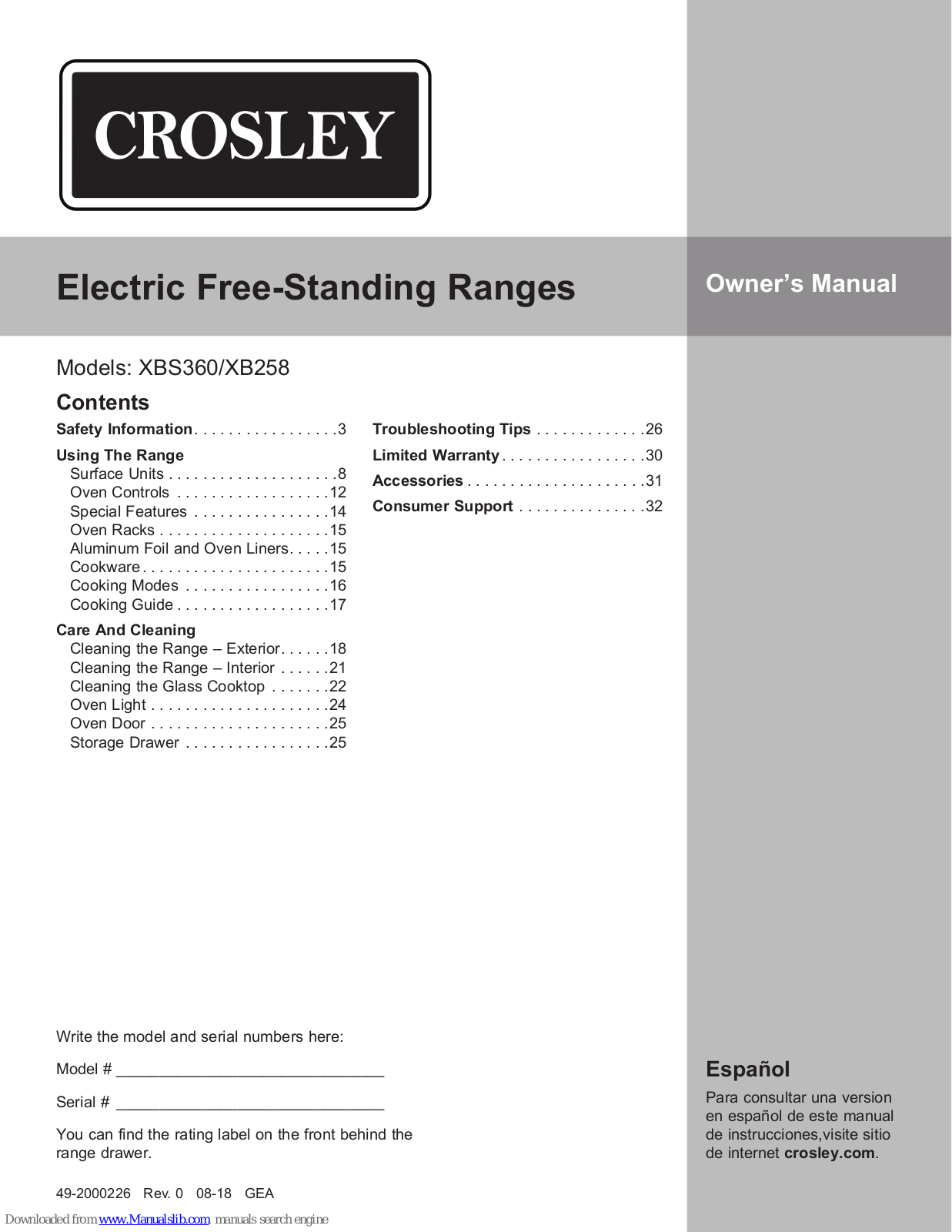 Crosley XBS360, XB258 Owner's Manual