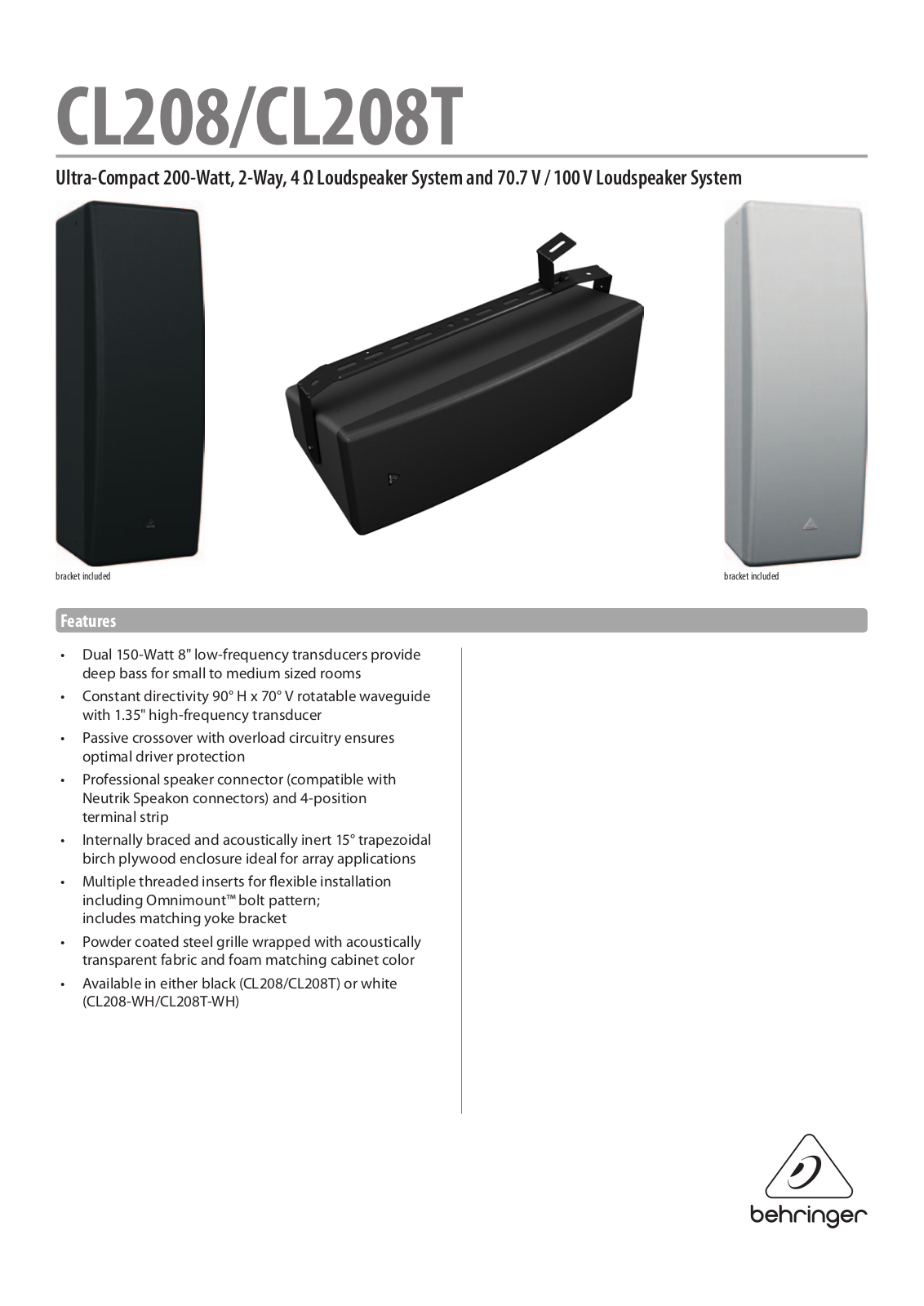 Behringer CL208, CL208T, CL208T-WH Specification Sheet