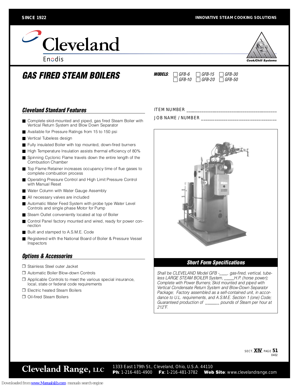 Cleveland GFB-10, GFB-15, GFB-20, GFB-30, GFB-50 Specifications