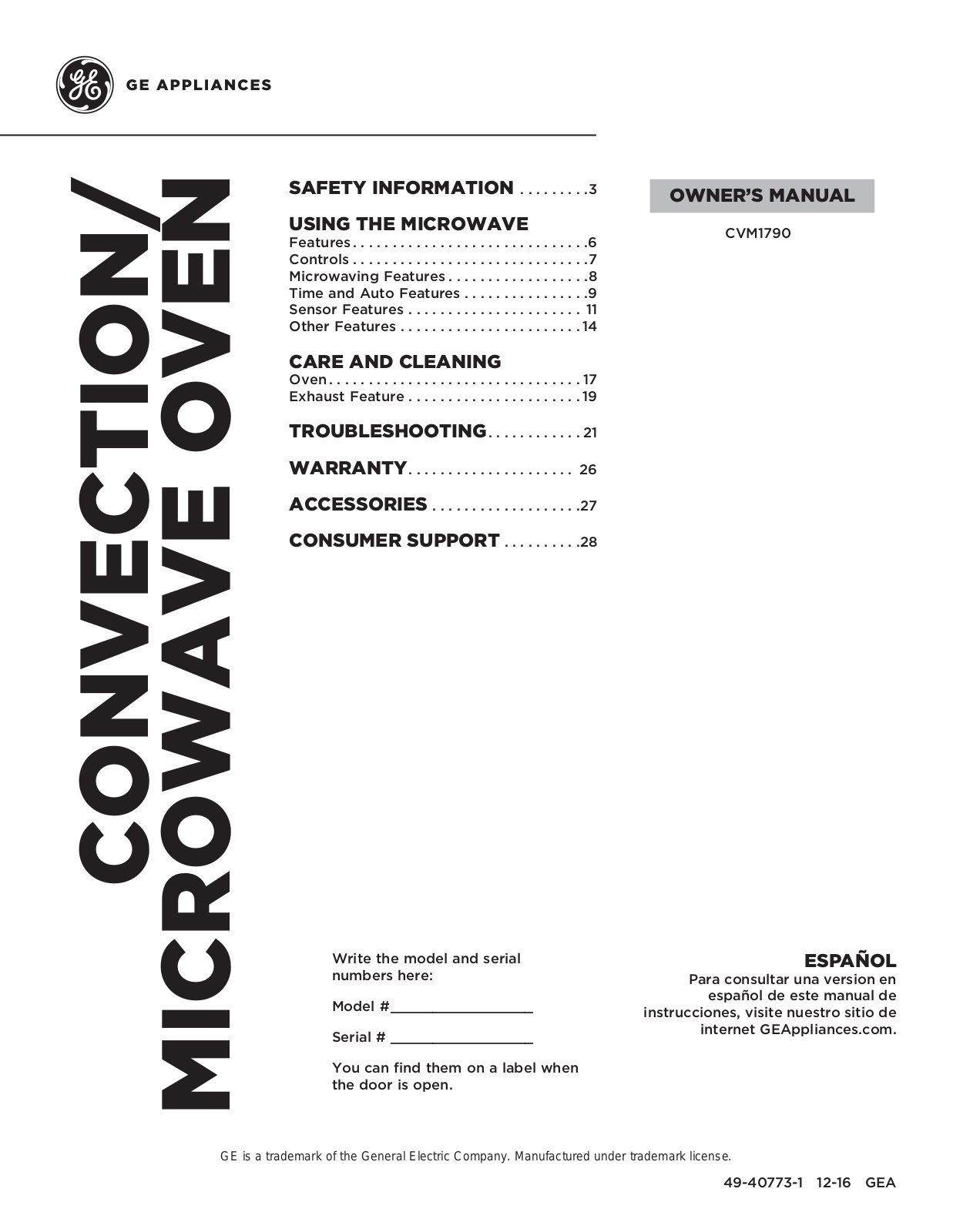 GE CVM1790SS4SS, CVM1790SS3SS, CVM1790SS1SS, CVM1790SS2SS Owner’s Manual