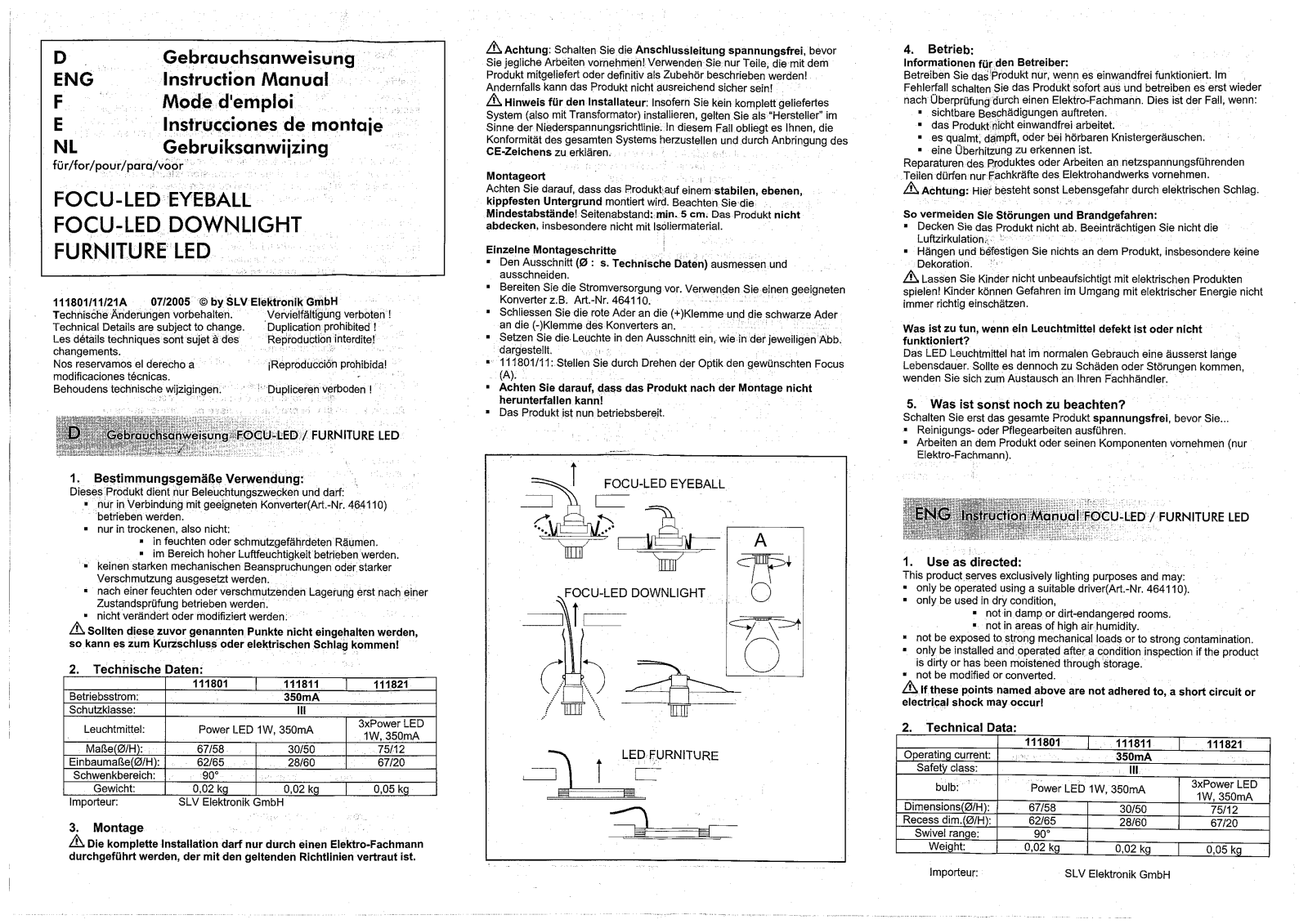 SLV Focu-LED, Furniture-LED Instruction Manual