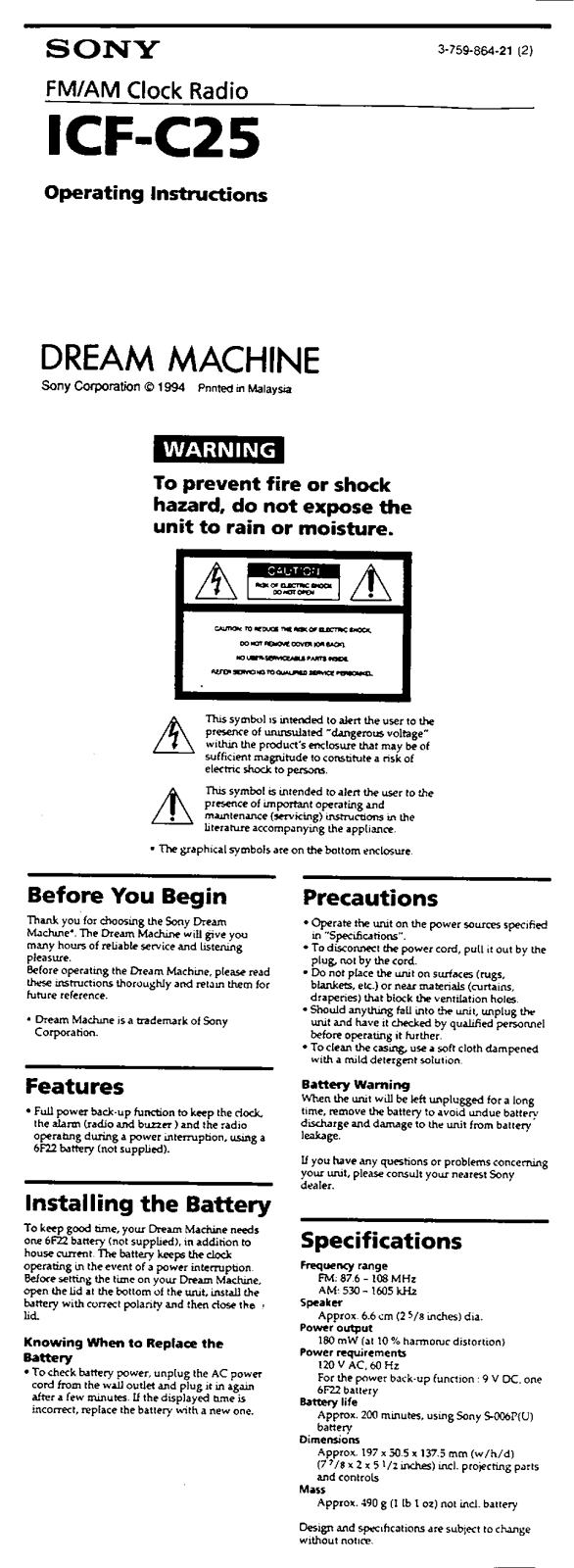 Sony ICF-C25 Operating Instructions