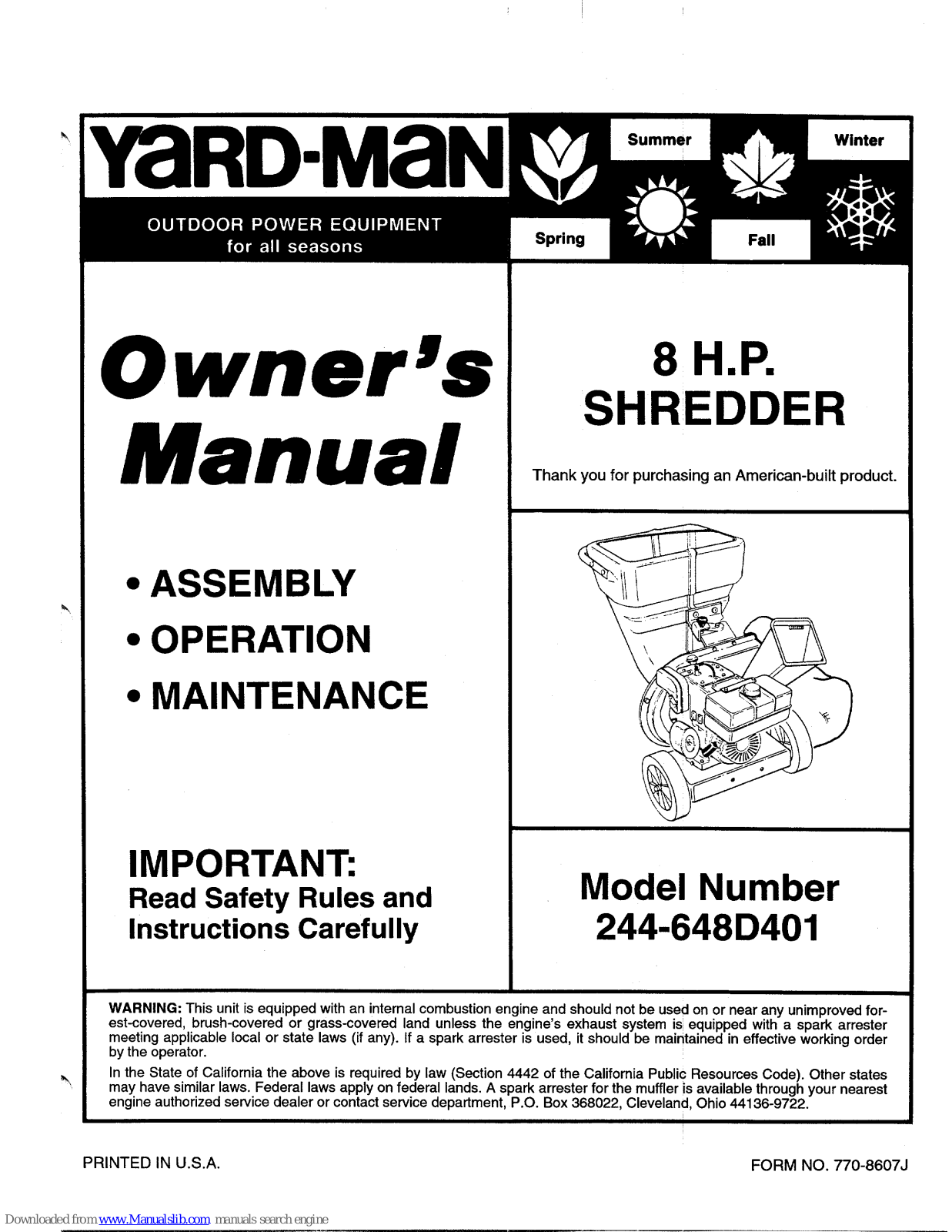 Yard-Man 244-648D401 Owner's Manual