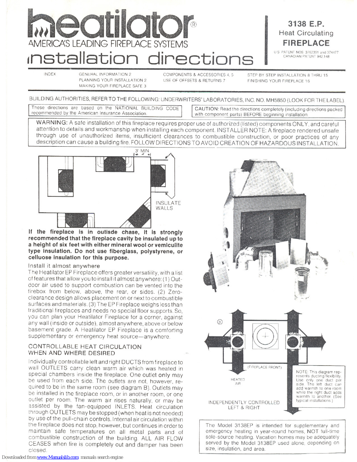 Heatilator 3138 E.P. Installation Directions Manual