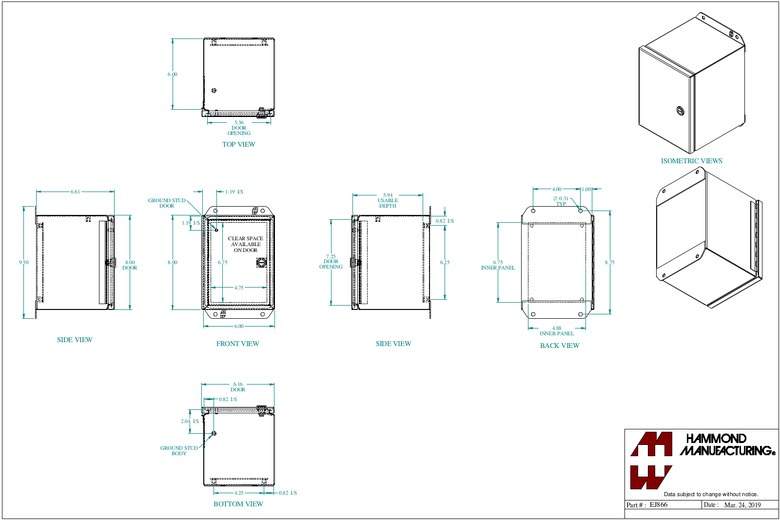 Hammond Manufacturing EJ866 technical drawings