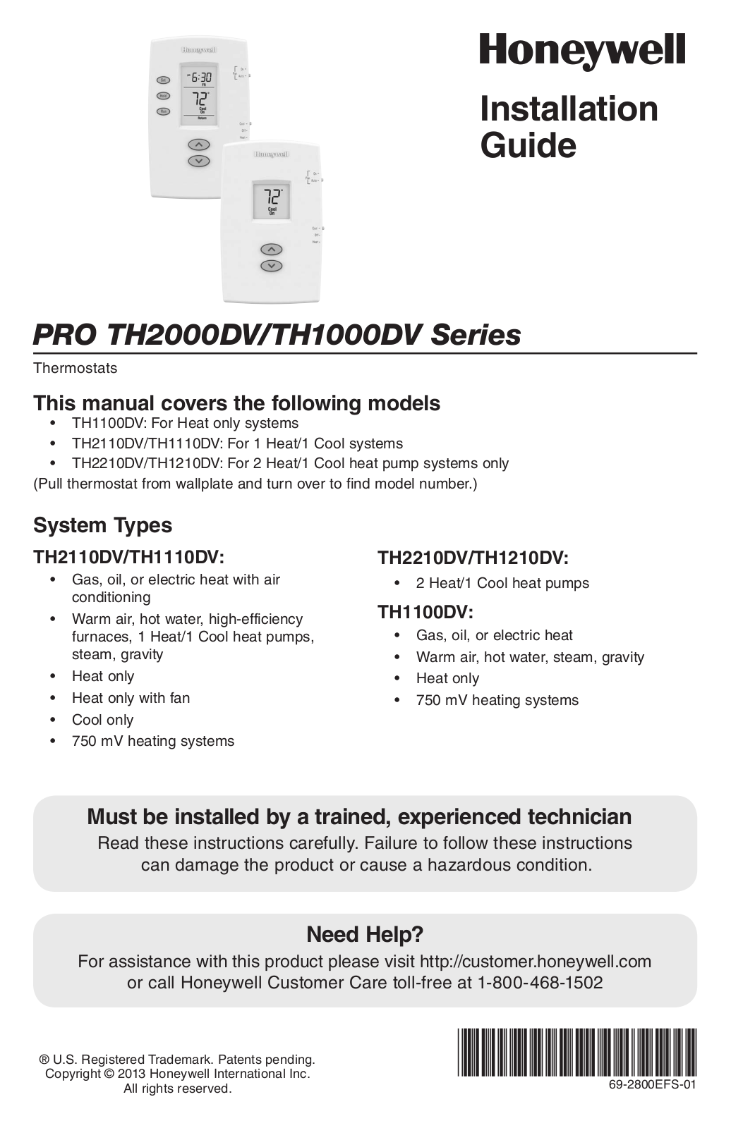 Honeywell TH1110DV, TH2210DV, TH2110DV User Manual