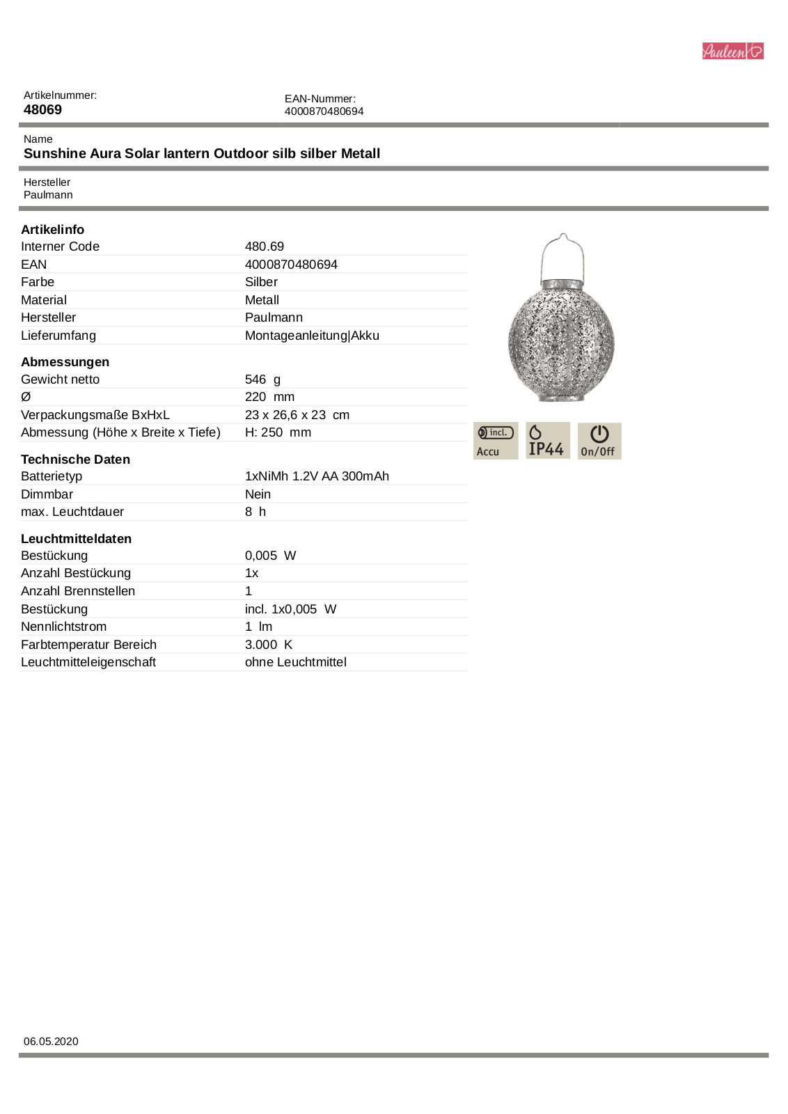 Pauleen Sunshine Aura Technical data