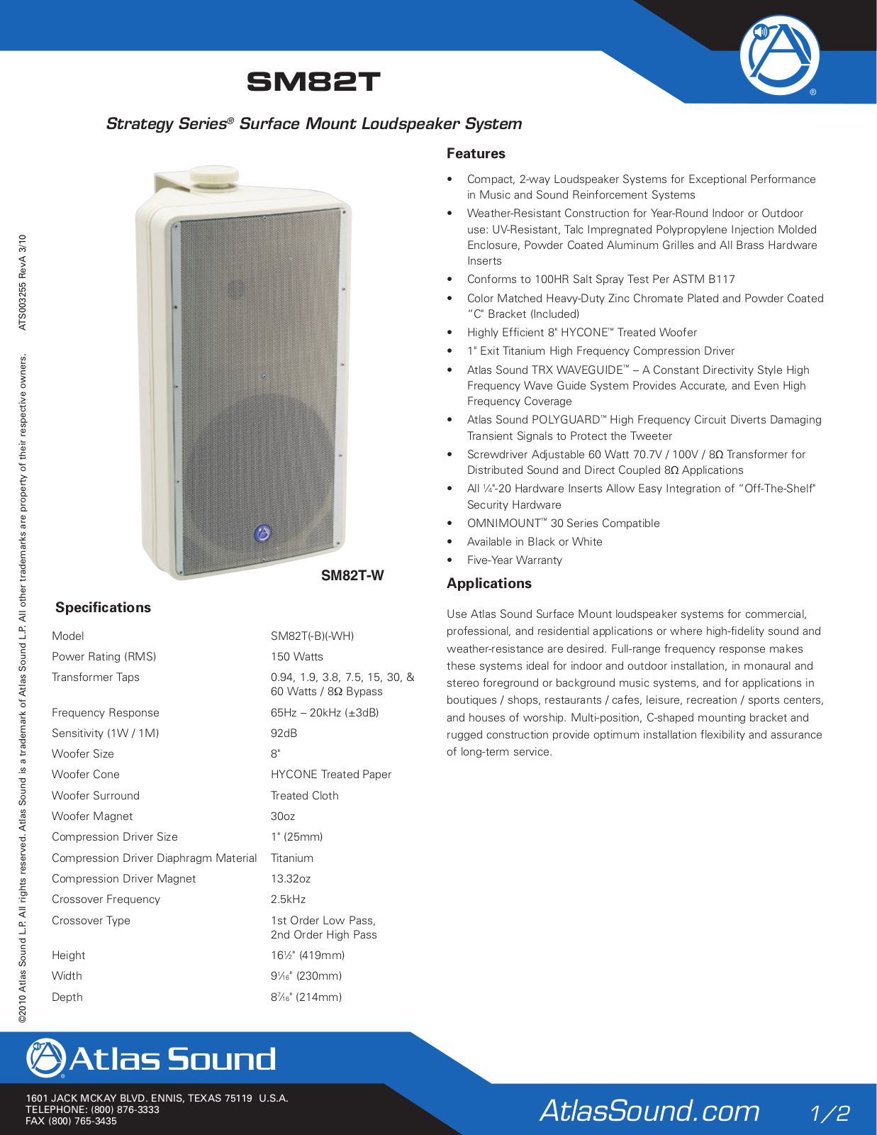 Atlas Sound SM82T User Manual