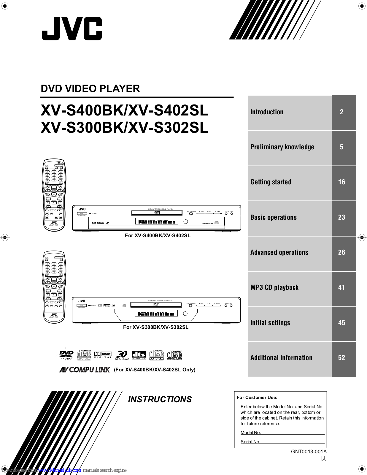 JVC XV-S300BKJ, XVS400BK, XV-S302SL, XV-S302SLB, XV-S402SL Instructions Manual