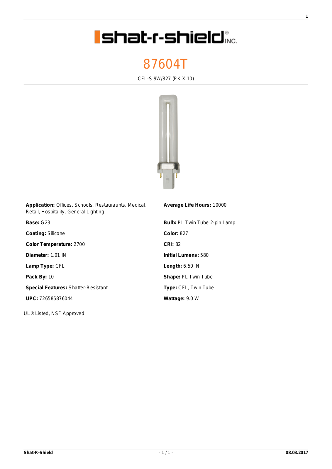 Shat-R-Shield 87604T Data sheet