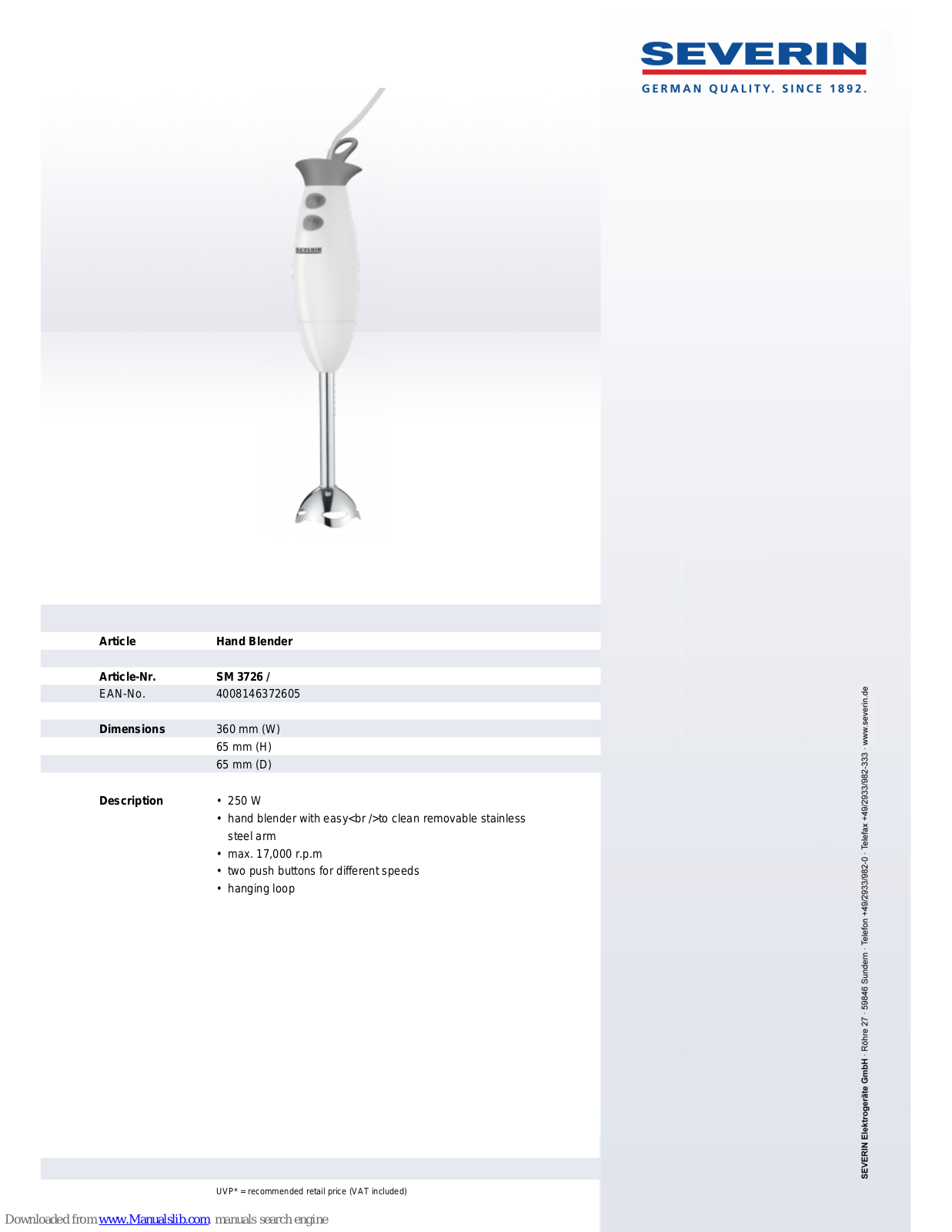 SEVERIN STABMIXER SM 3726, SM 3726 Dimensions