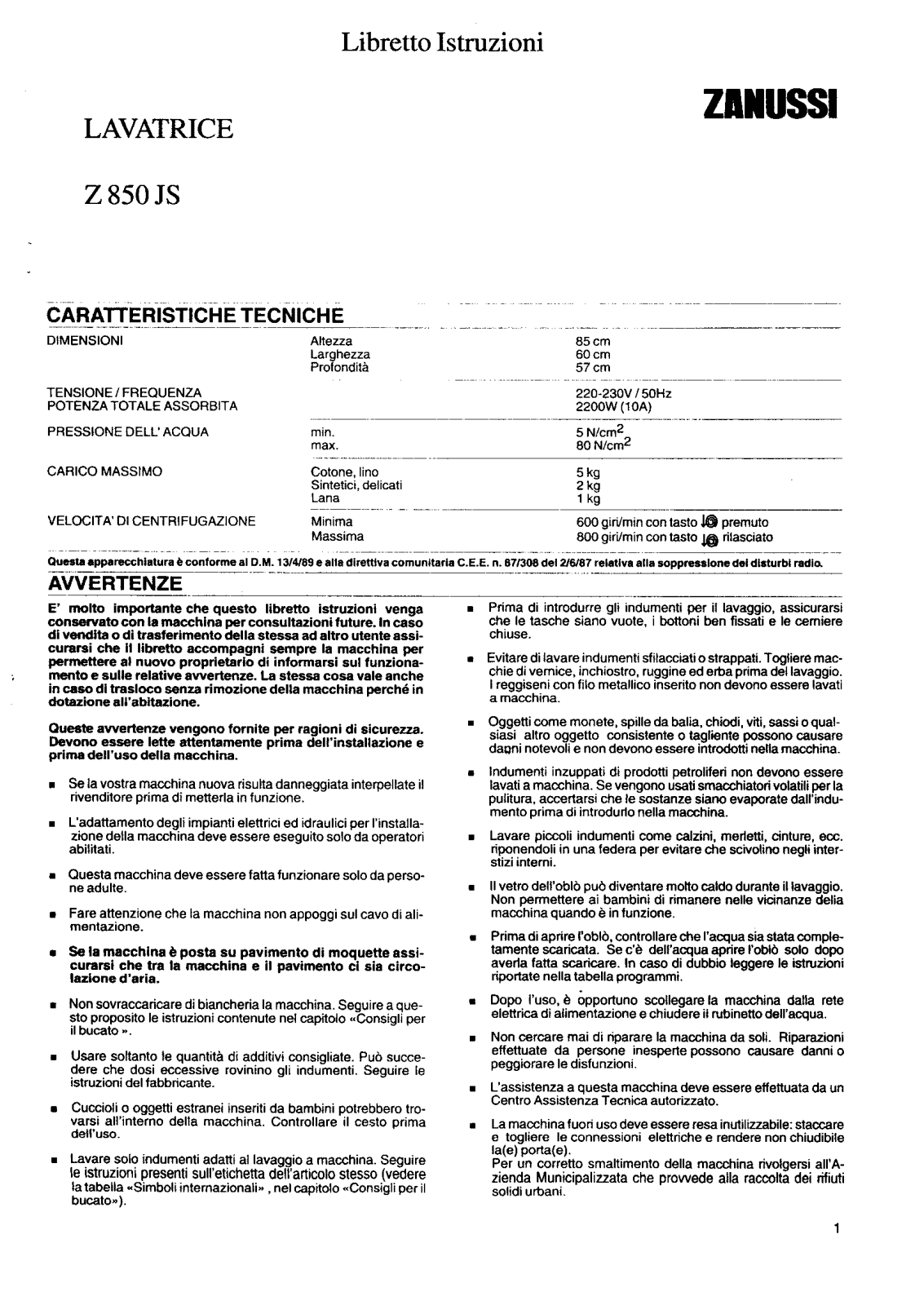 Zanussi Z850JS User Manual