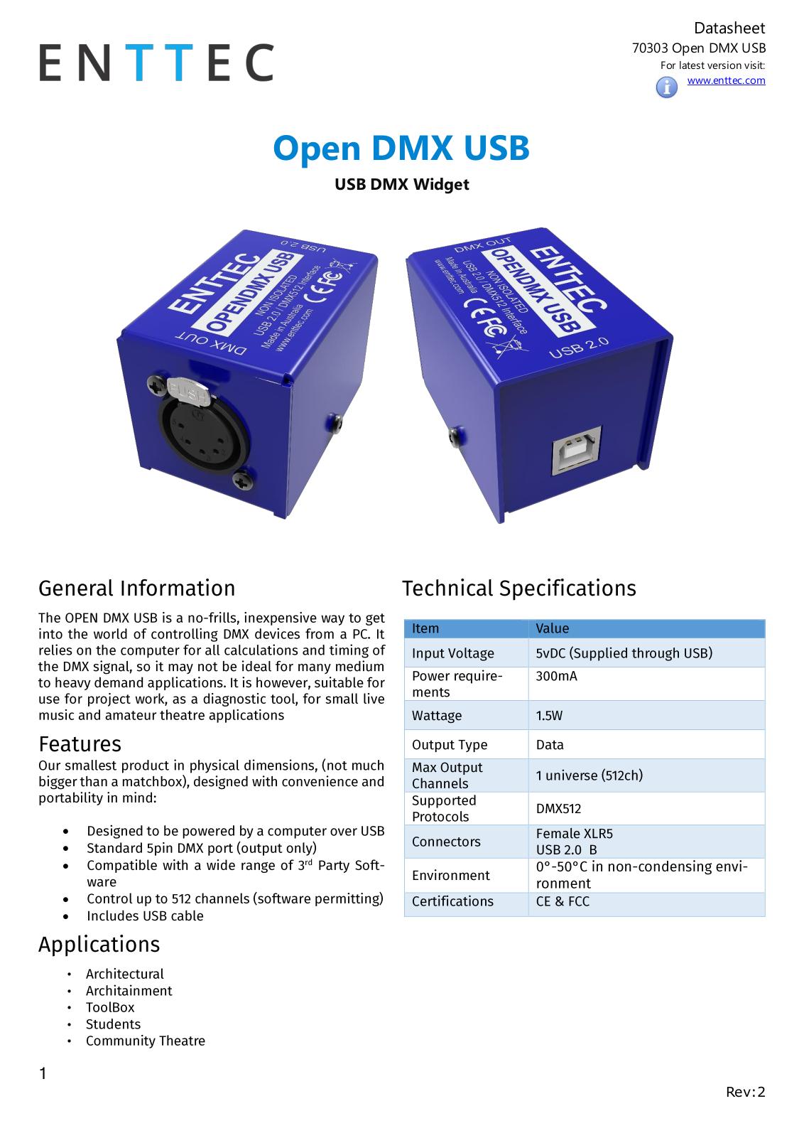 Enttec Open DMX USB Data Sheet