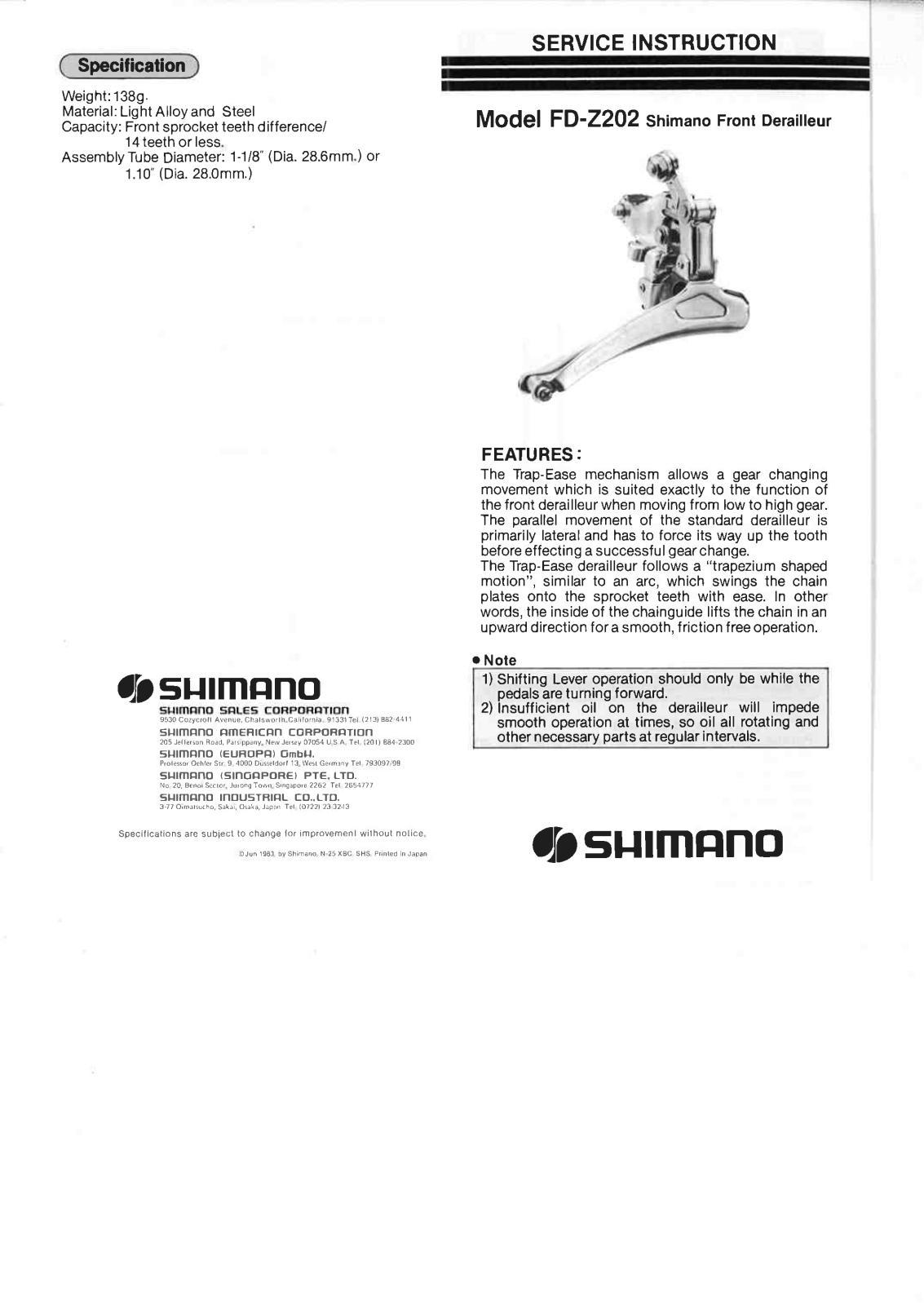 Shimano FD-Z202 Service Instruction