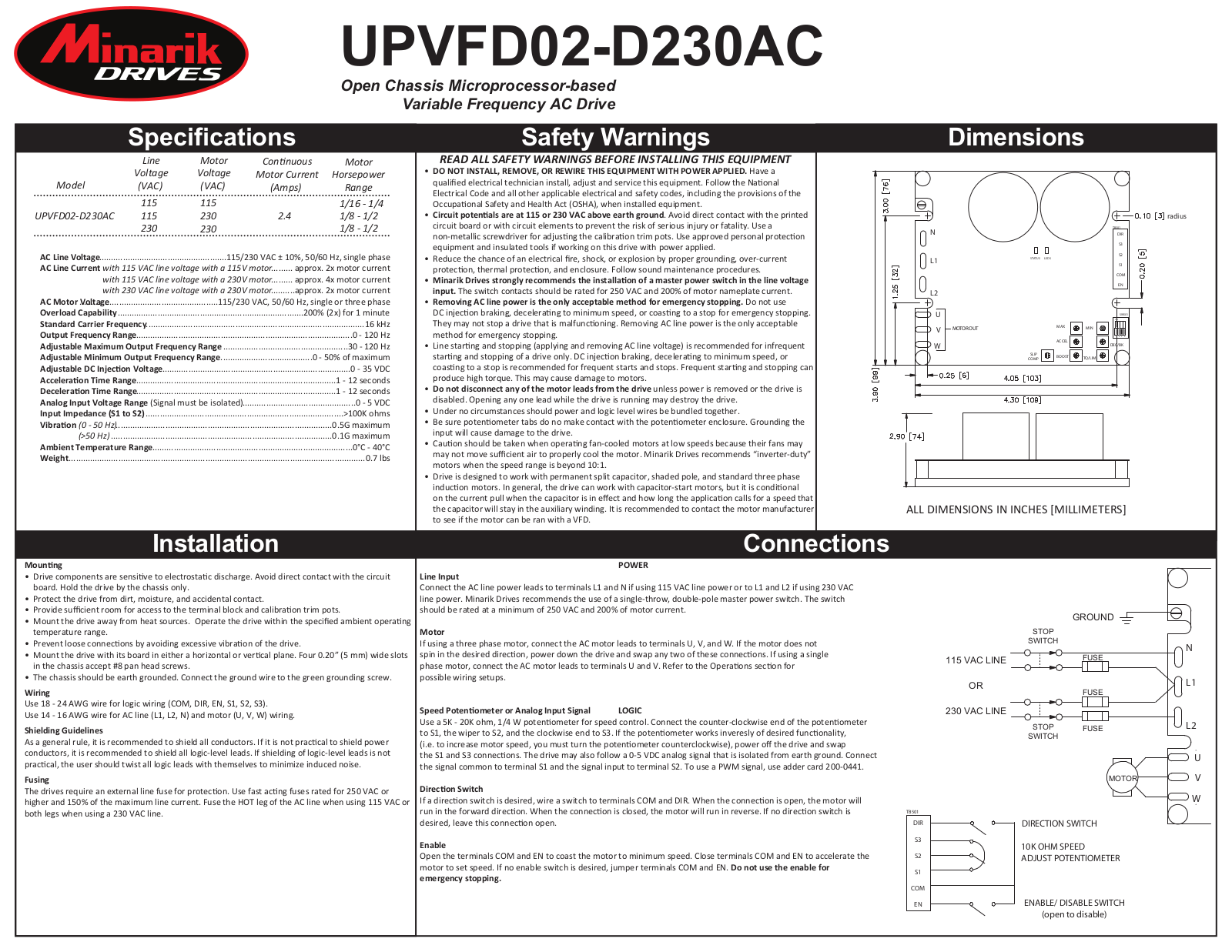 Minarik Drives UPVFD02-D230AC Quick Start Guide