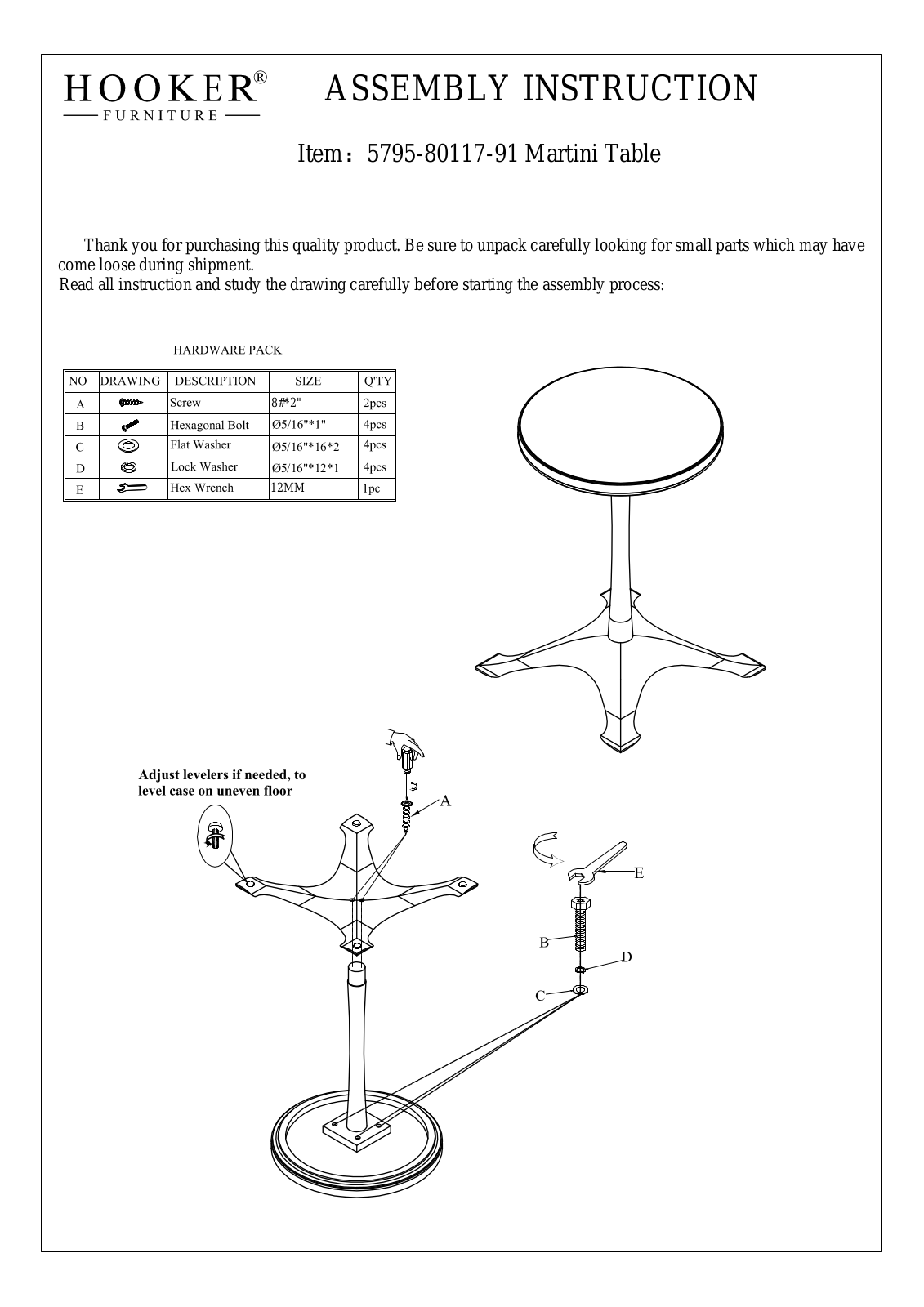 Hooker Furniture 57958011791 Assembly Guide