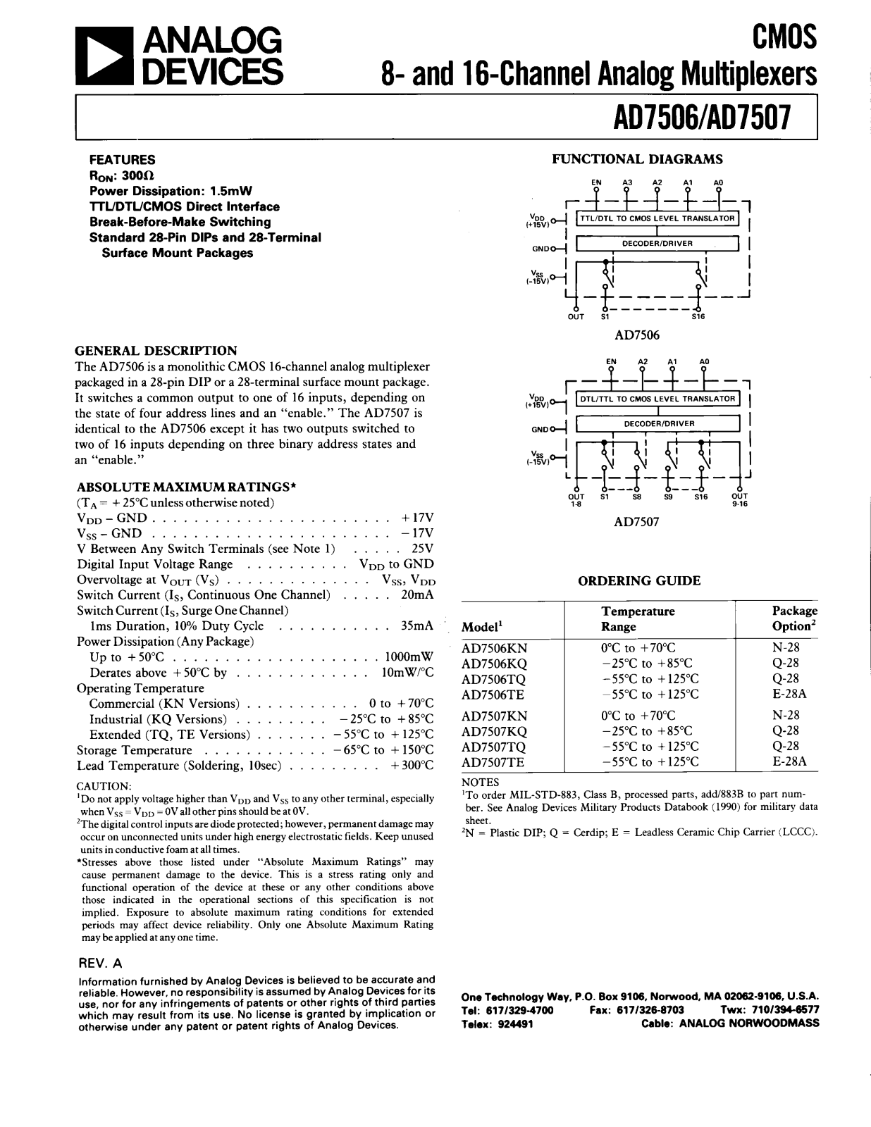 Analog Devices AD7507TQ, AD7507TE, AD7507KQ, AD7507KN, AD7506TQ Datasheet