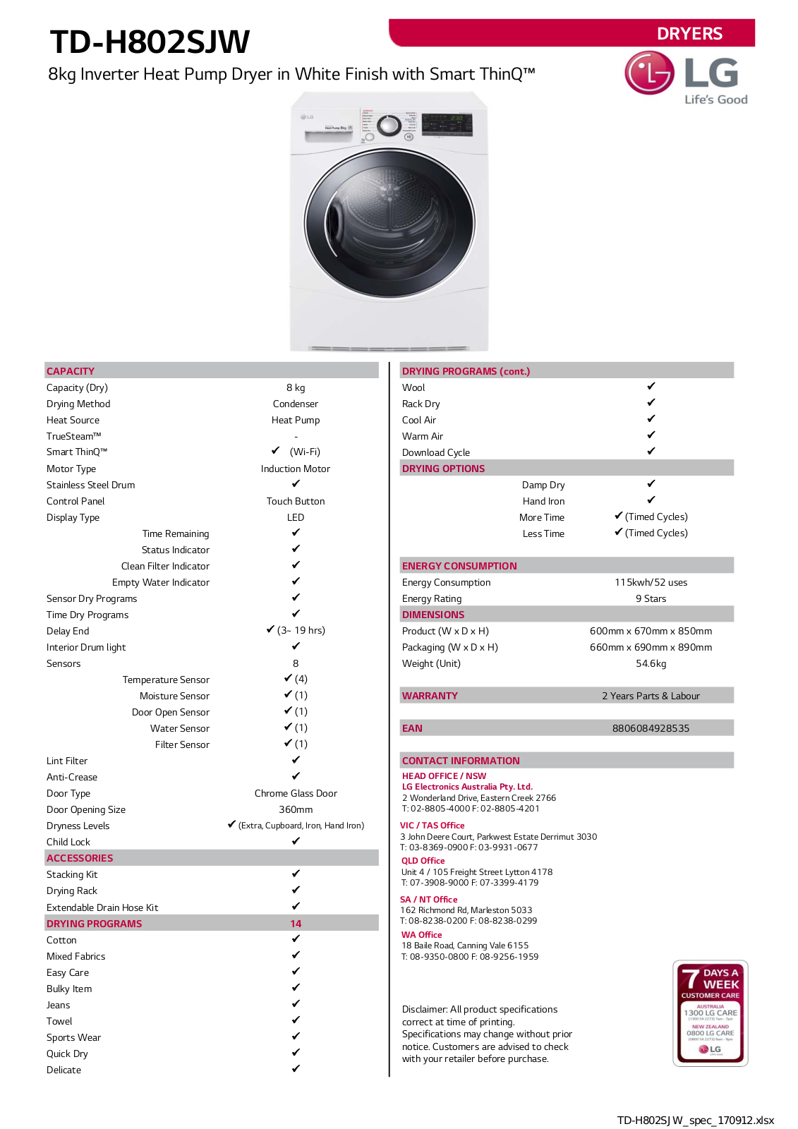 LG TD-H802SJW Specifications Sheet