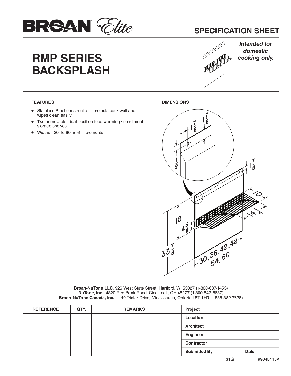 Broan RMP3004 Specsheet