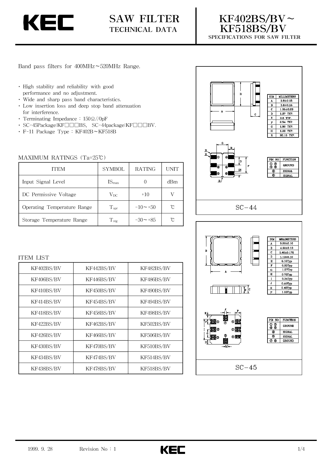 KEC KF490BV, KF490BS, KF486BV, KF486BS, KF482BV Datasheet