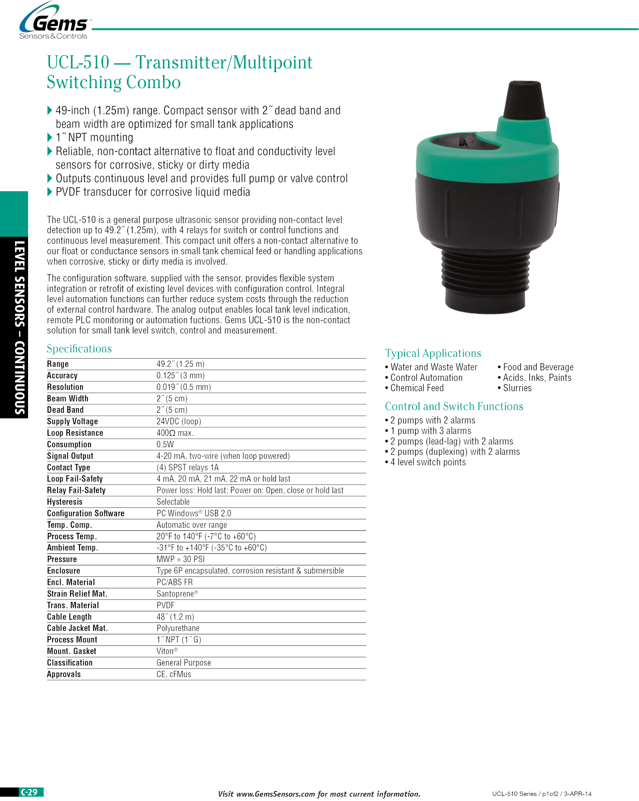 Gems Sensors & Controls UCL-510 Specifications