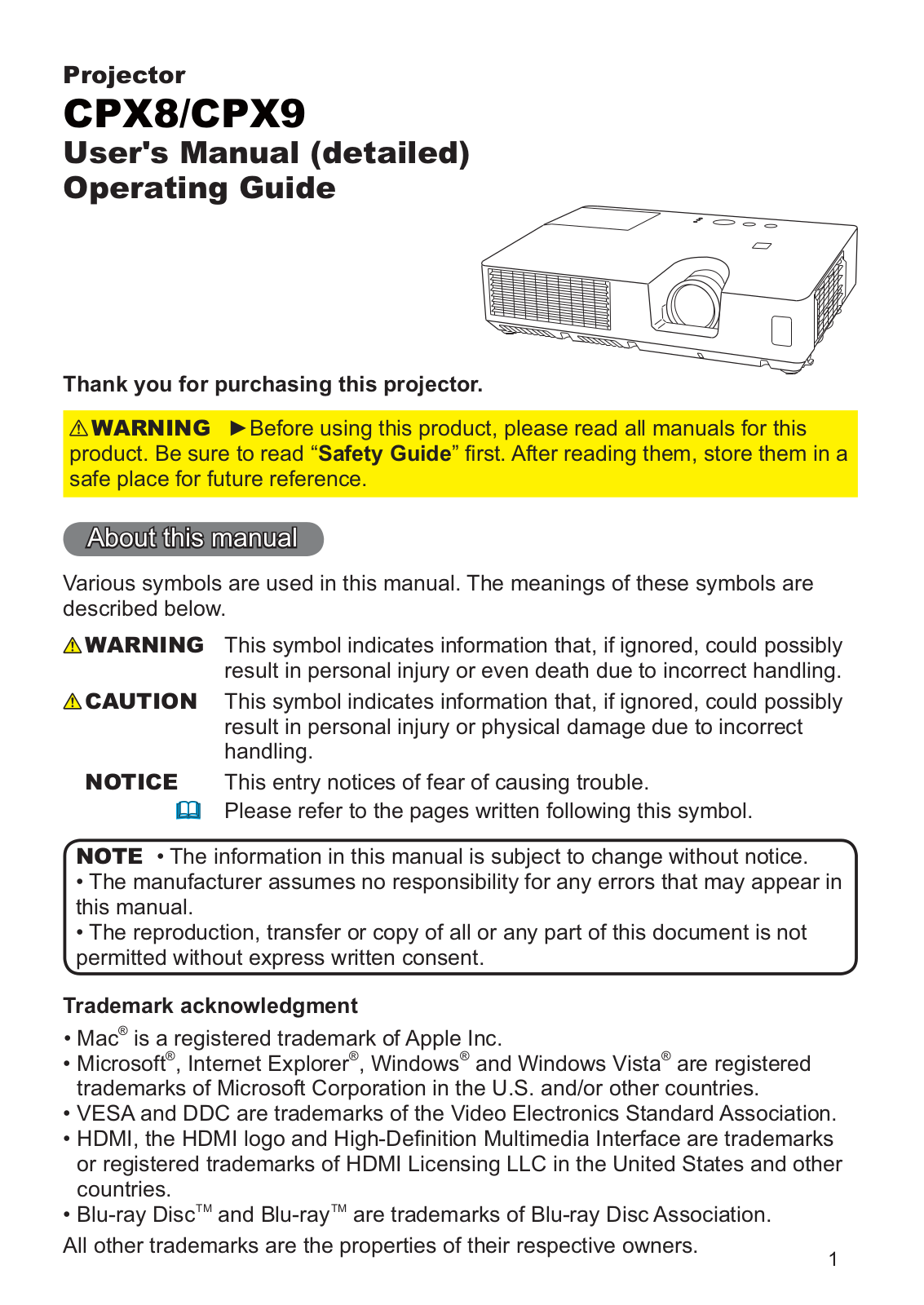 Hitachi CP-X9, CPX8 Instruction Manual