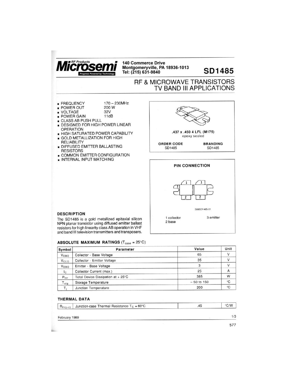 Microsemi Corporation SD1485 Datasheet