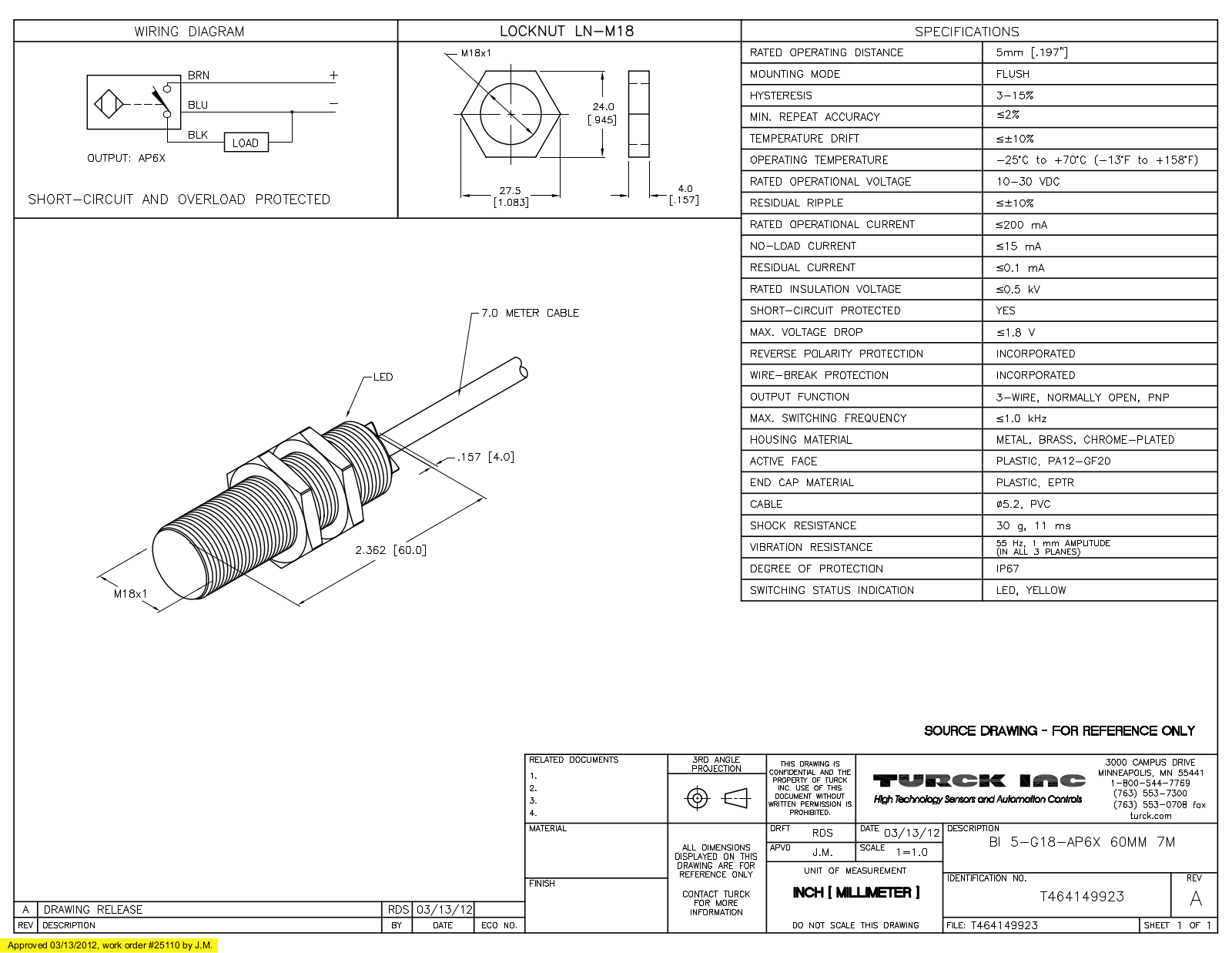 Turck BI5-G18-AP6X60MM7M Data Sheet