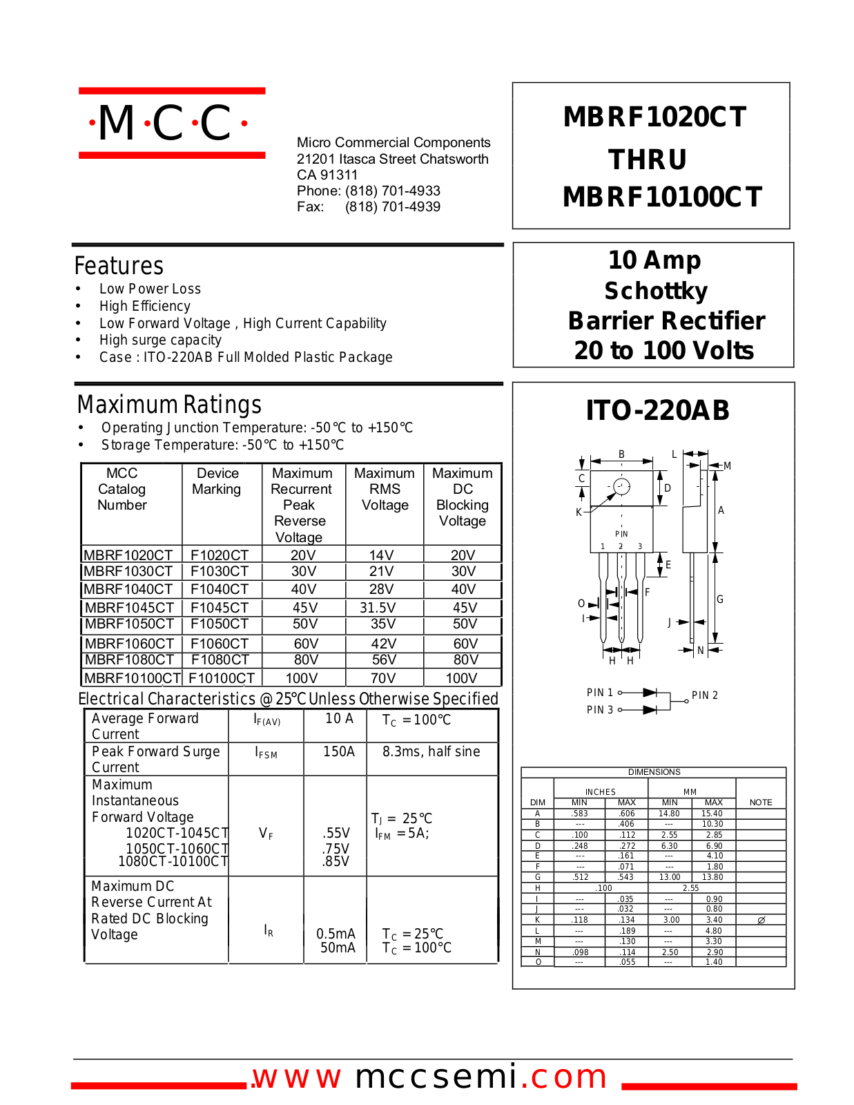 MCC MBRF1040CT, MBRF1060CT, MBRF1080CT, MBRF1050CT, MBRF1020CT Datasheet