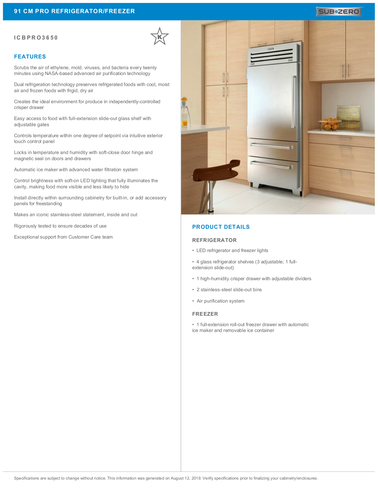 Sub-Zero ICBPRO3650LH, ICBPRO3650RH Datasheet