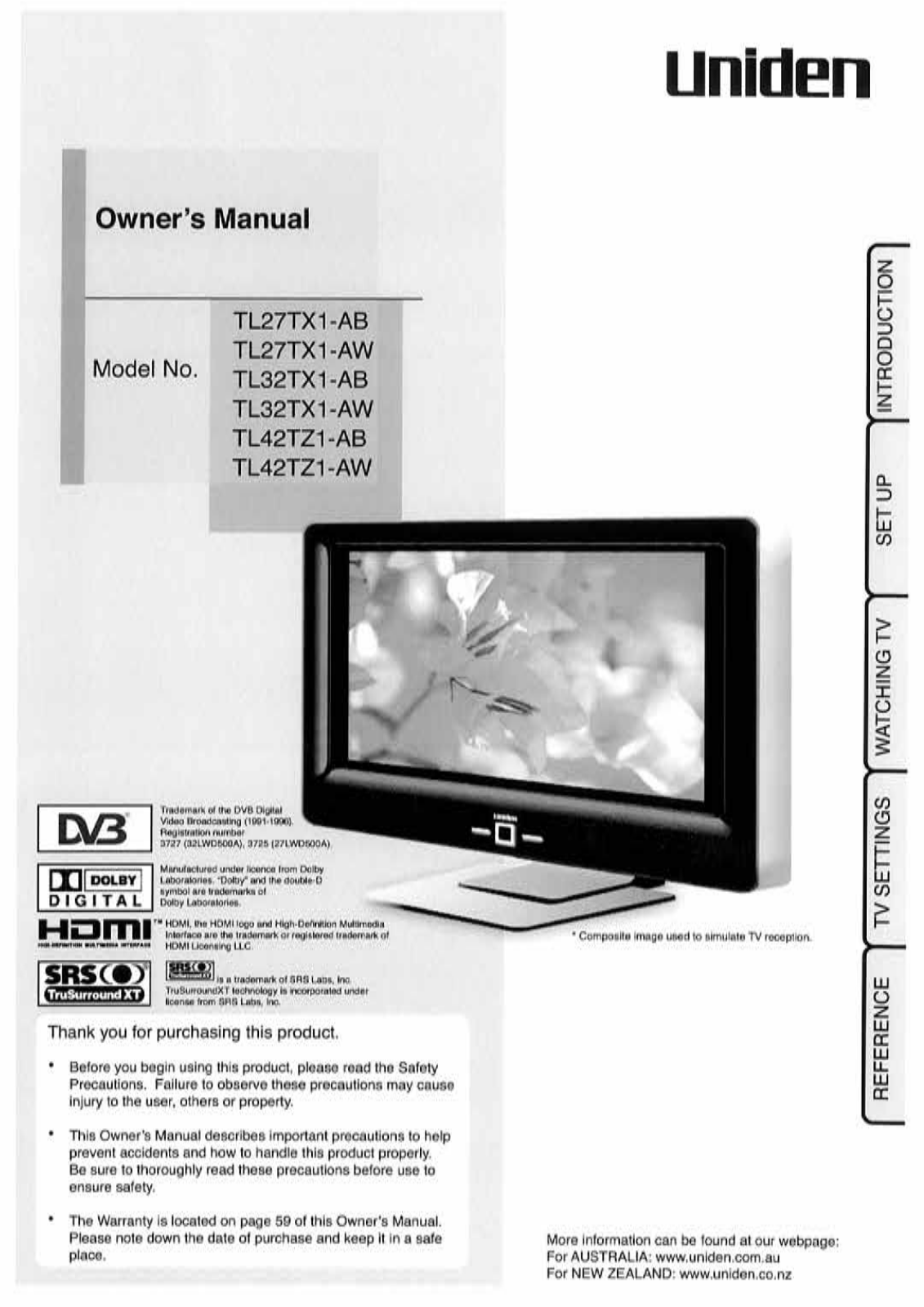 Uniden TL42TZ1-AB, TL27TX1-AW, TL42TZ1-AW, TL32TX1-AB User Manual