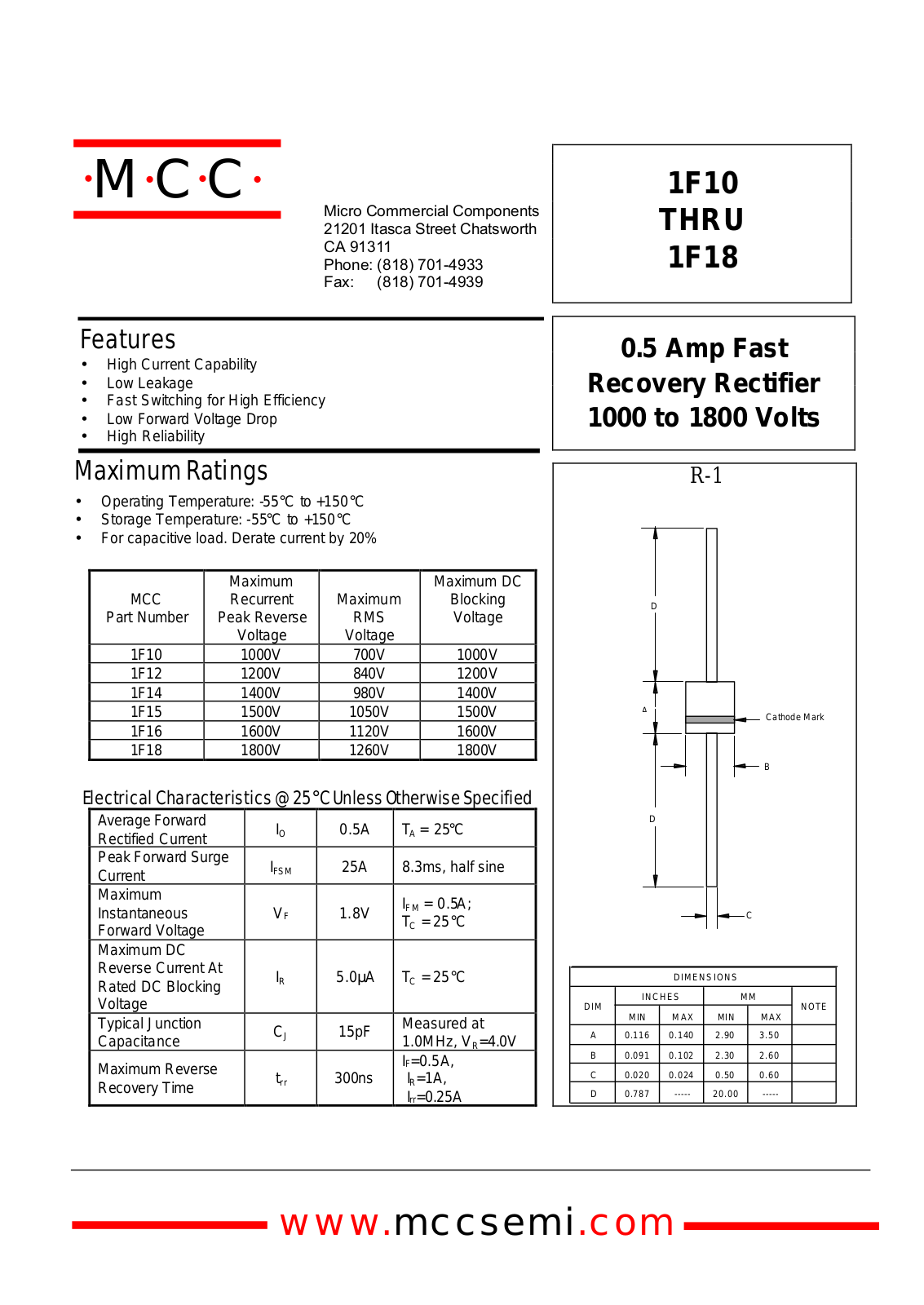 MCC 1F18, 1F16, 1F14, 1F12, 1F10 Datasheet