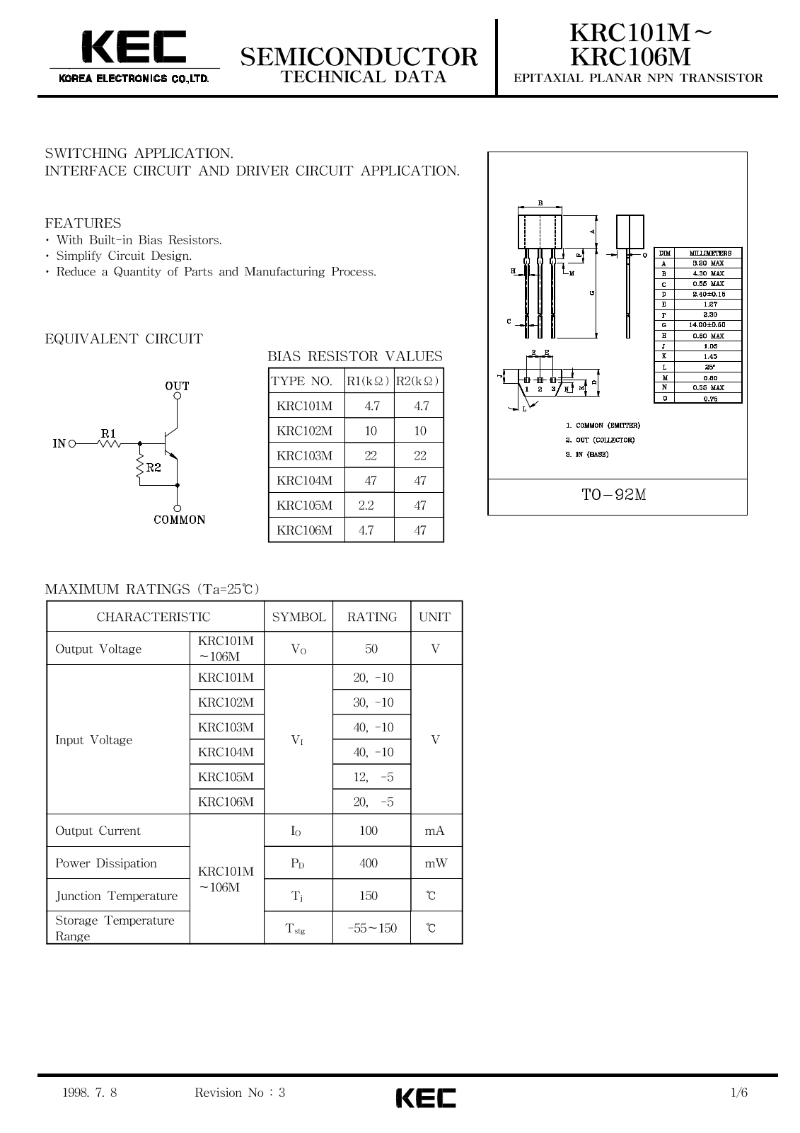 KEC KRC106M, KRC105M, KRC102M, KRC101M, KRC104M Datasheet