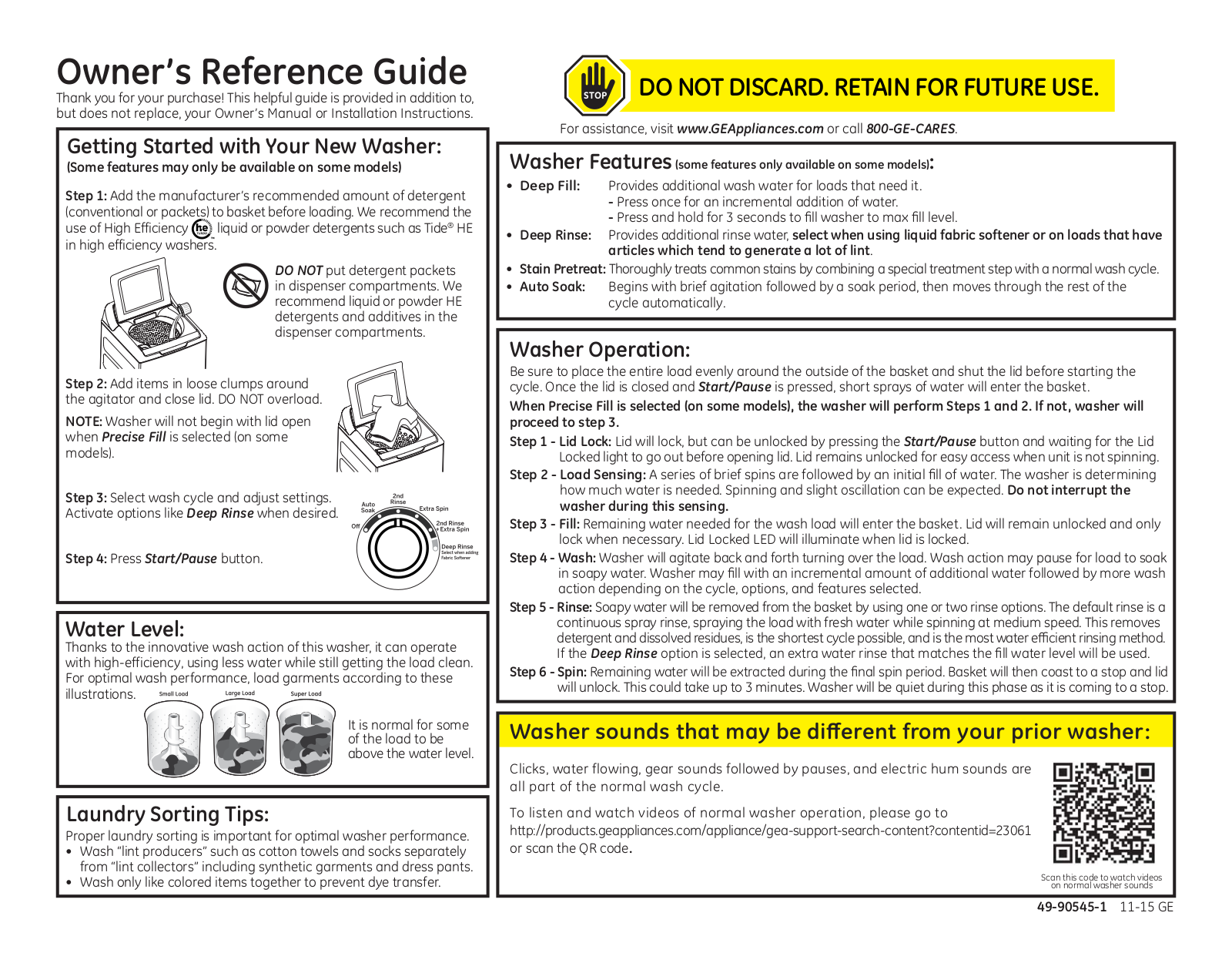 GE GTW485ASJWS, GTW460ASJWW Quick Reference Guide