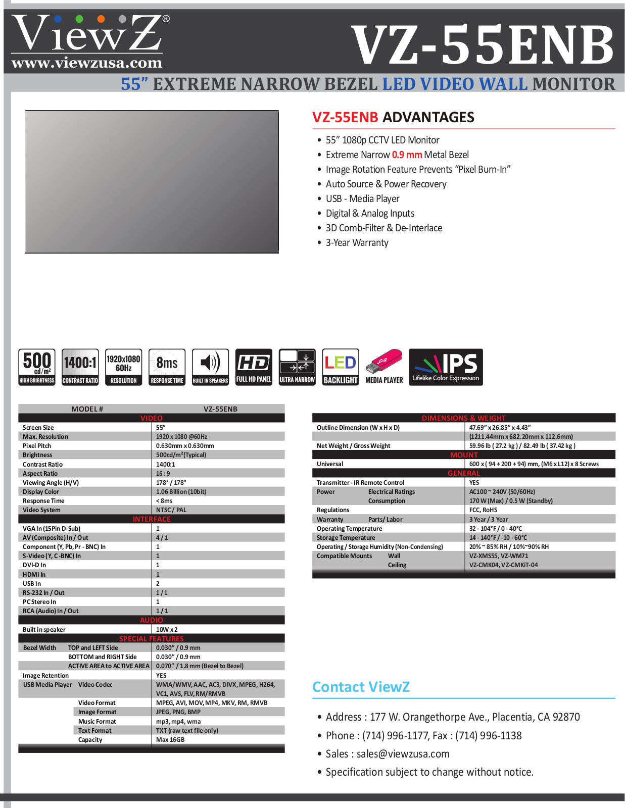 ViewZ VZ-55ENB Specsheet