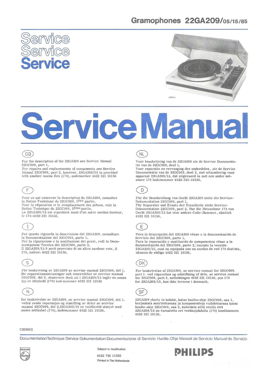 Philips 22-GA-209 Service Manual