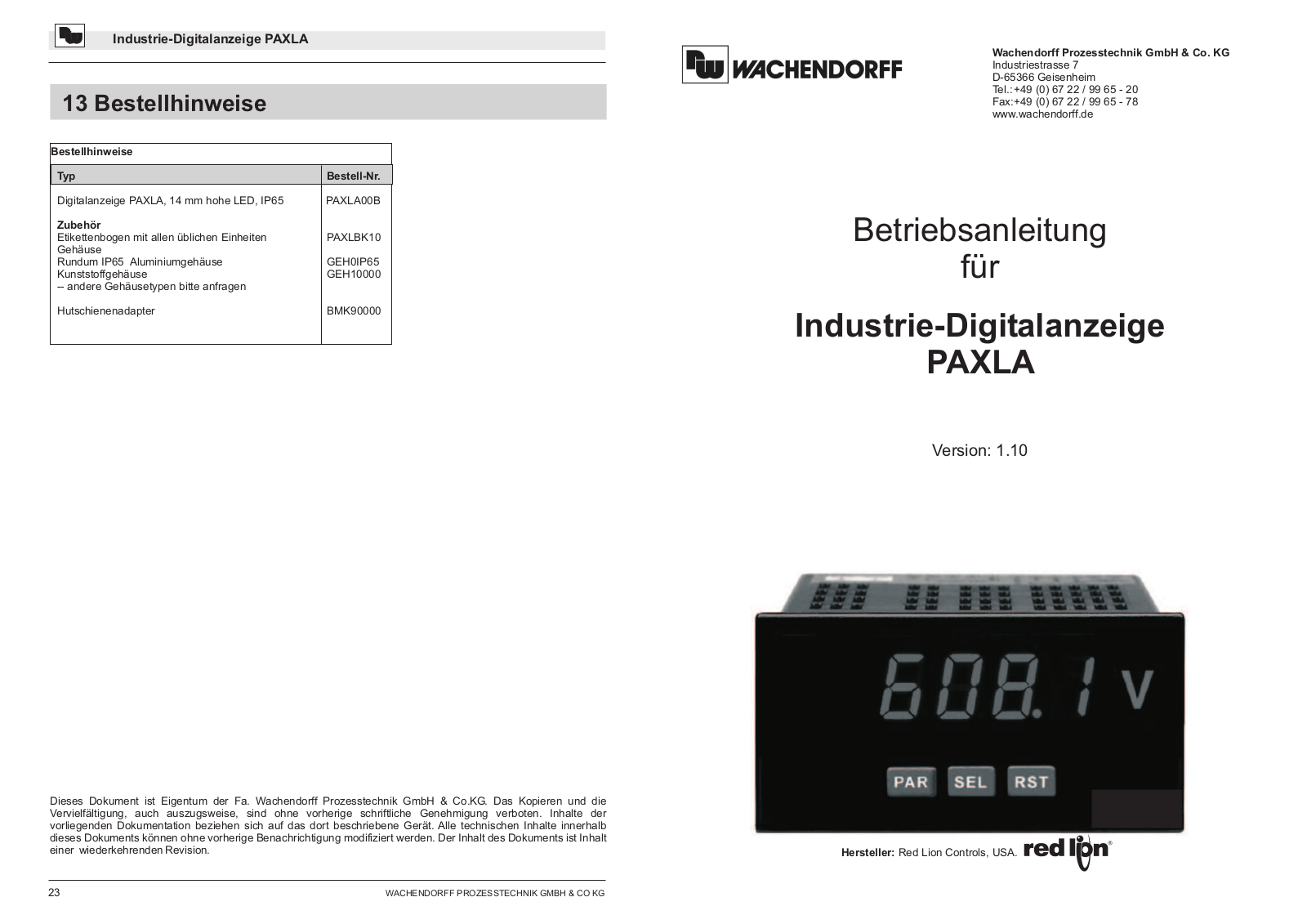 Wachendorff PAXLA, PAXLA00B User guide