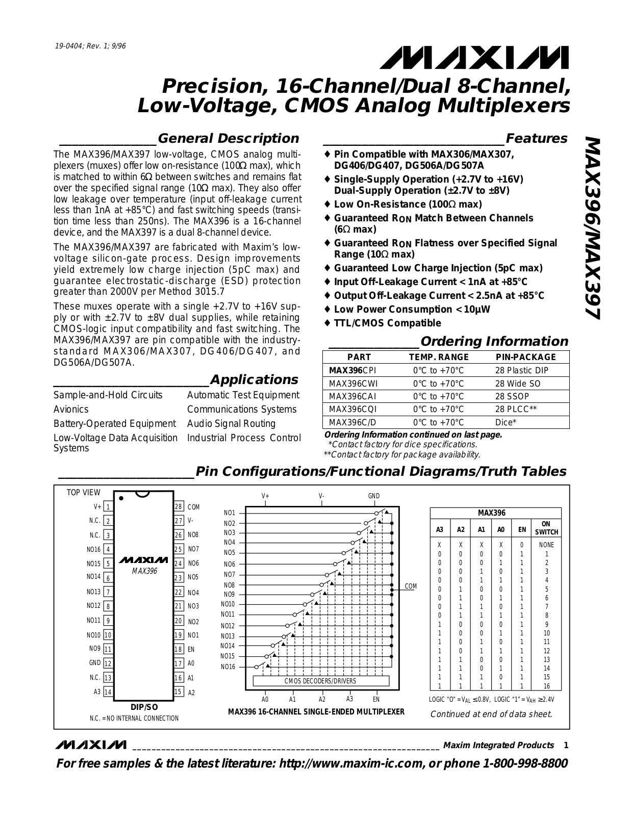 Maxim MAX397MJI, MAX397EWI, MAX396EPI, MAX396CWI, MAX396CQI Datasheet