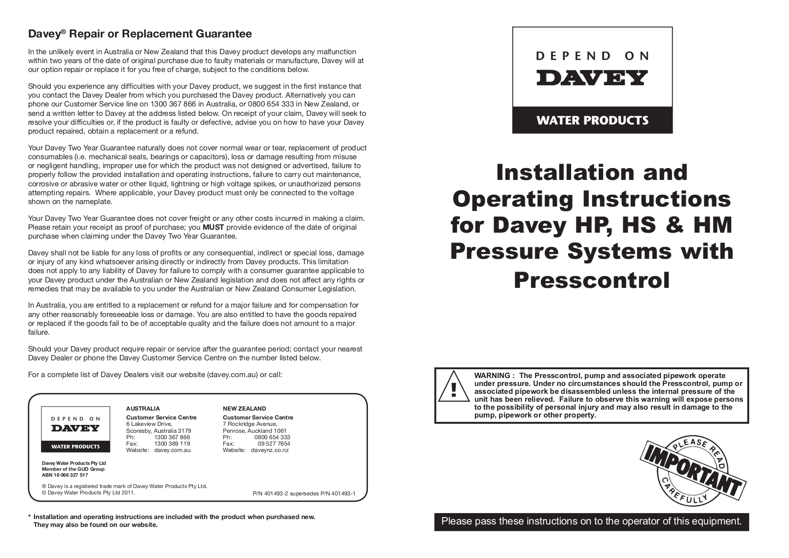 Davey HP, HS, HM User Manual