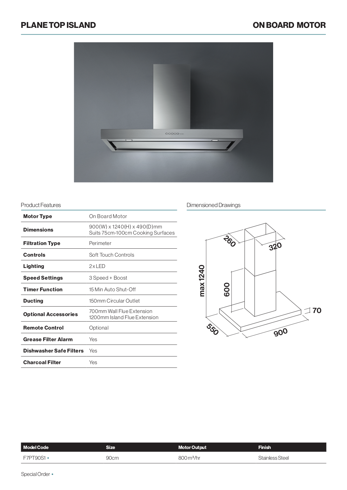 Falmec F7PT90S1 Specifications Sheet