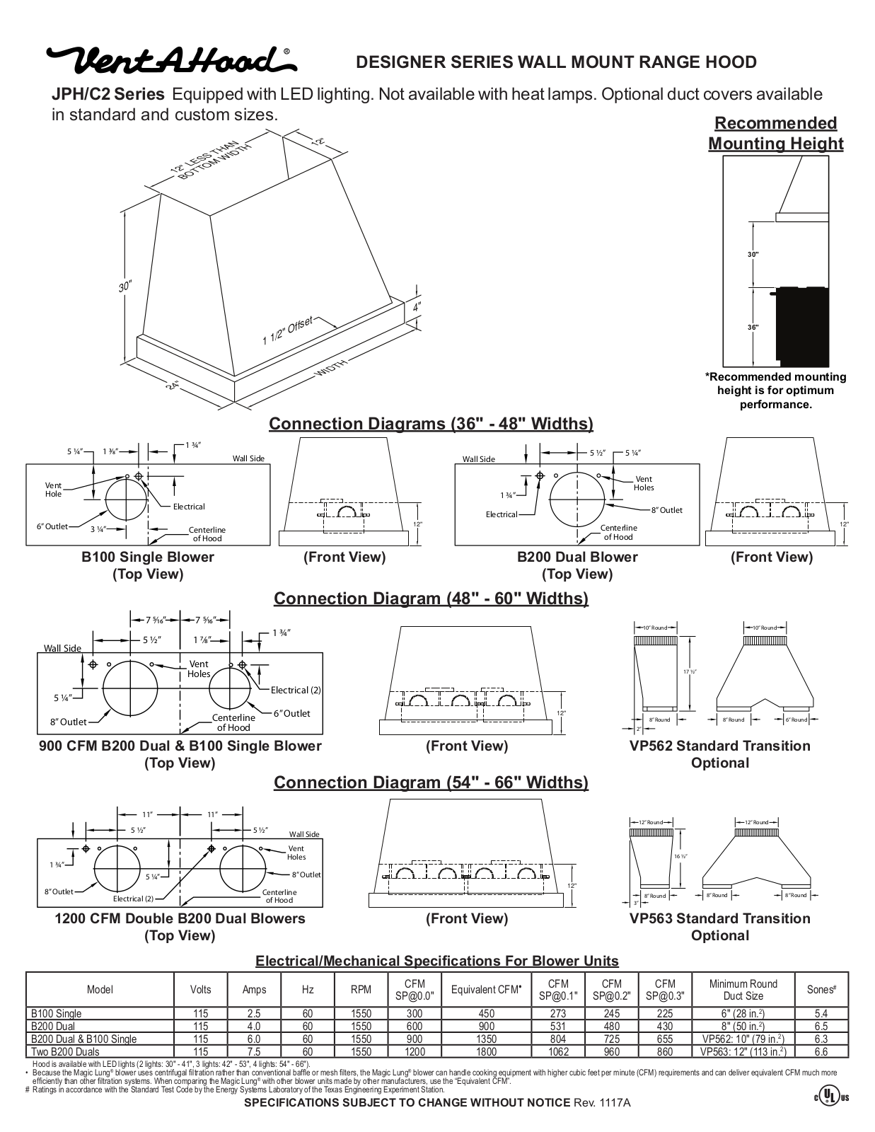 Vent-A-Hood JPH348C2BLAS Specs