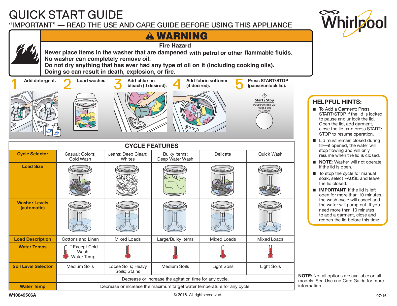 Whirlpool 4KWTW4605FW, 4KMVWC315FW, 4KWTW4815FW, 3LWTW4815FW, 4KATW5415FW Quick Reference Guide