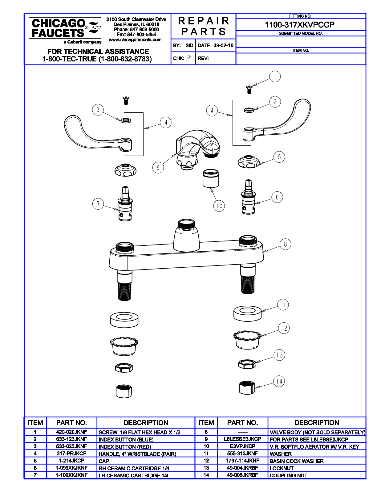 Chicago Faucet 1100-317XKVPC Parts List