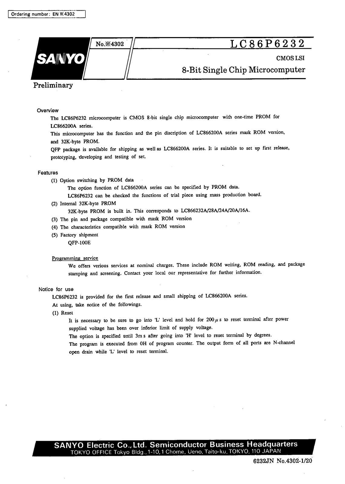 SANYO LC86P6232 Datasheet