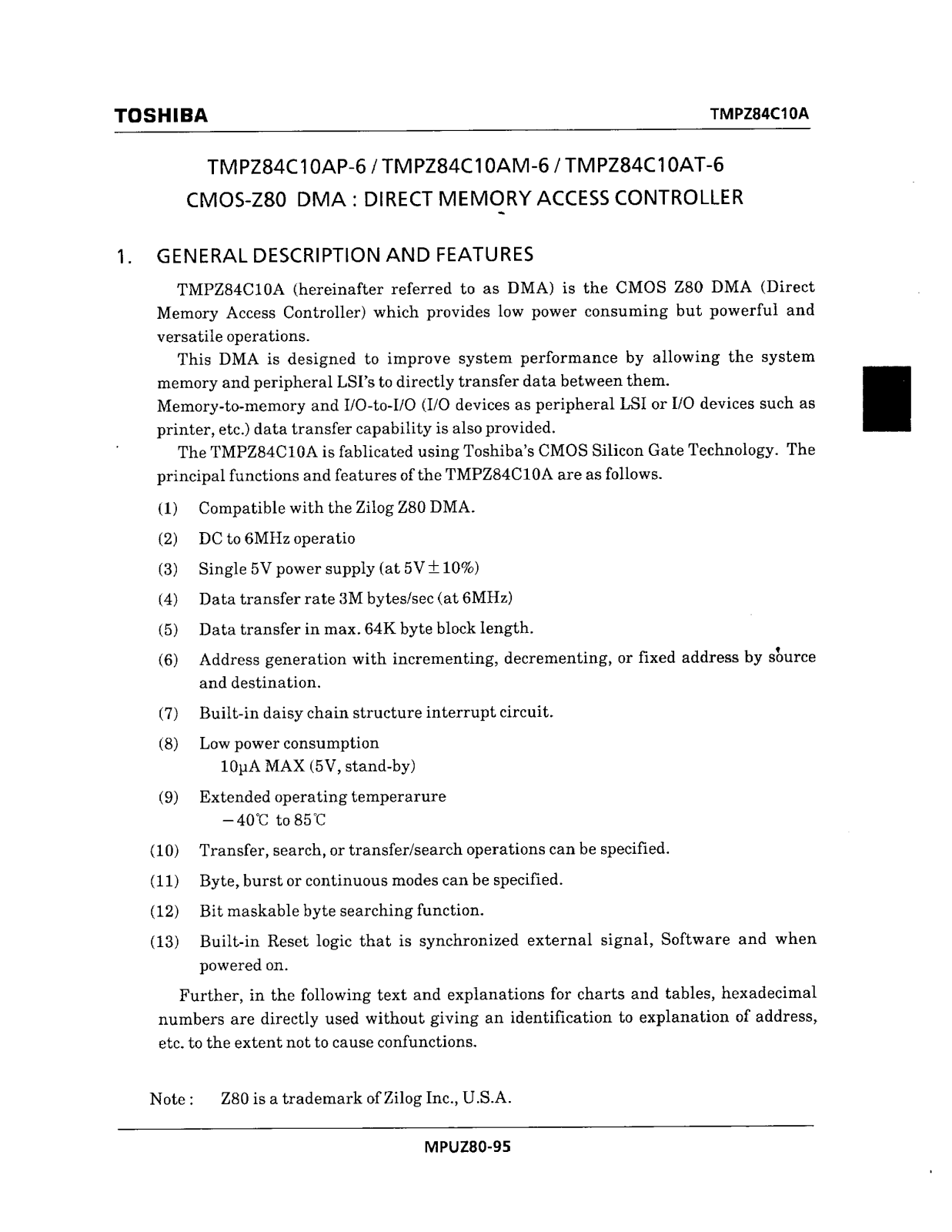 Toshiba TMPZ84C10AP-6 Datasheet